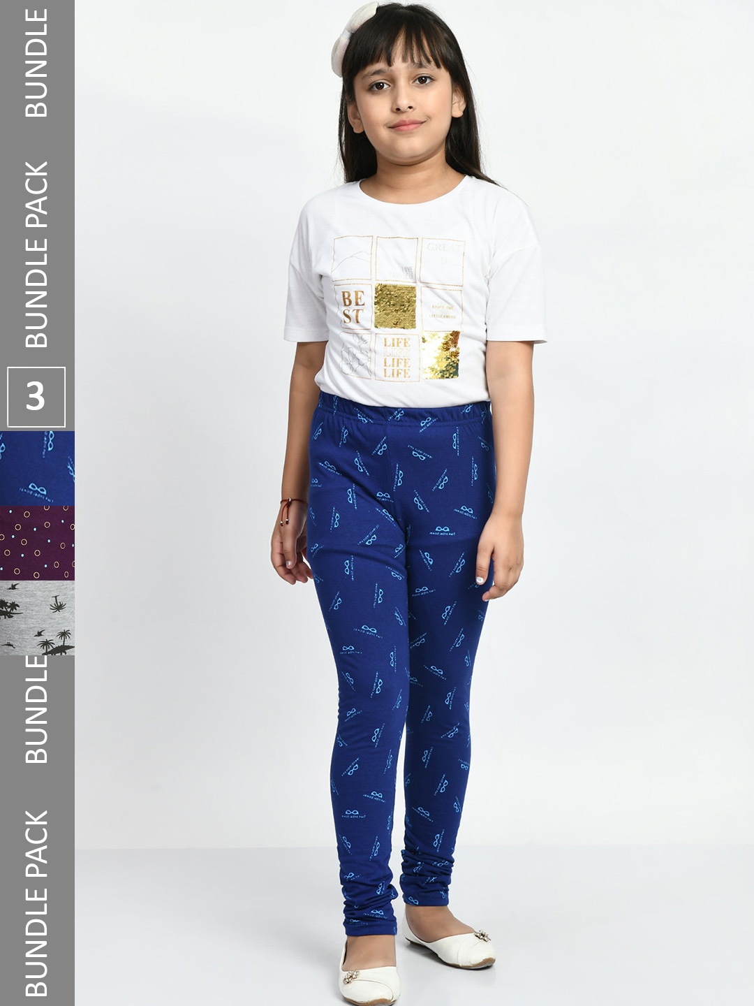 

BAESD Girls Pack Of 3 Printed Super Soft Cotton Churidar-Length Leggings, Blue
