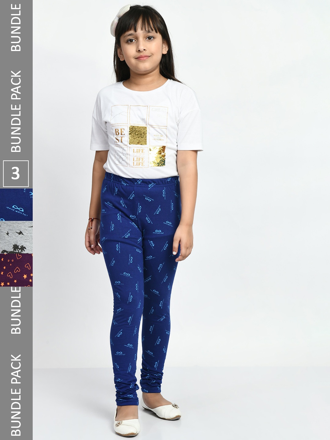 

BAESD Girls Pack Of 3 Printed Pure Cotton Churidar Length Leggings, Blue