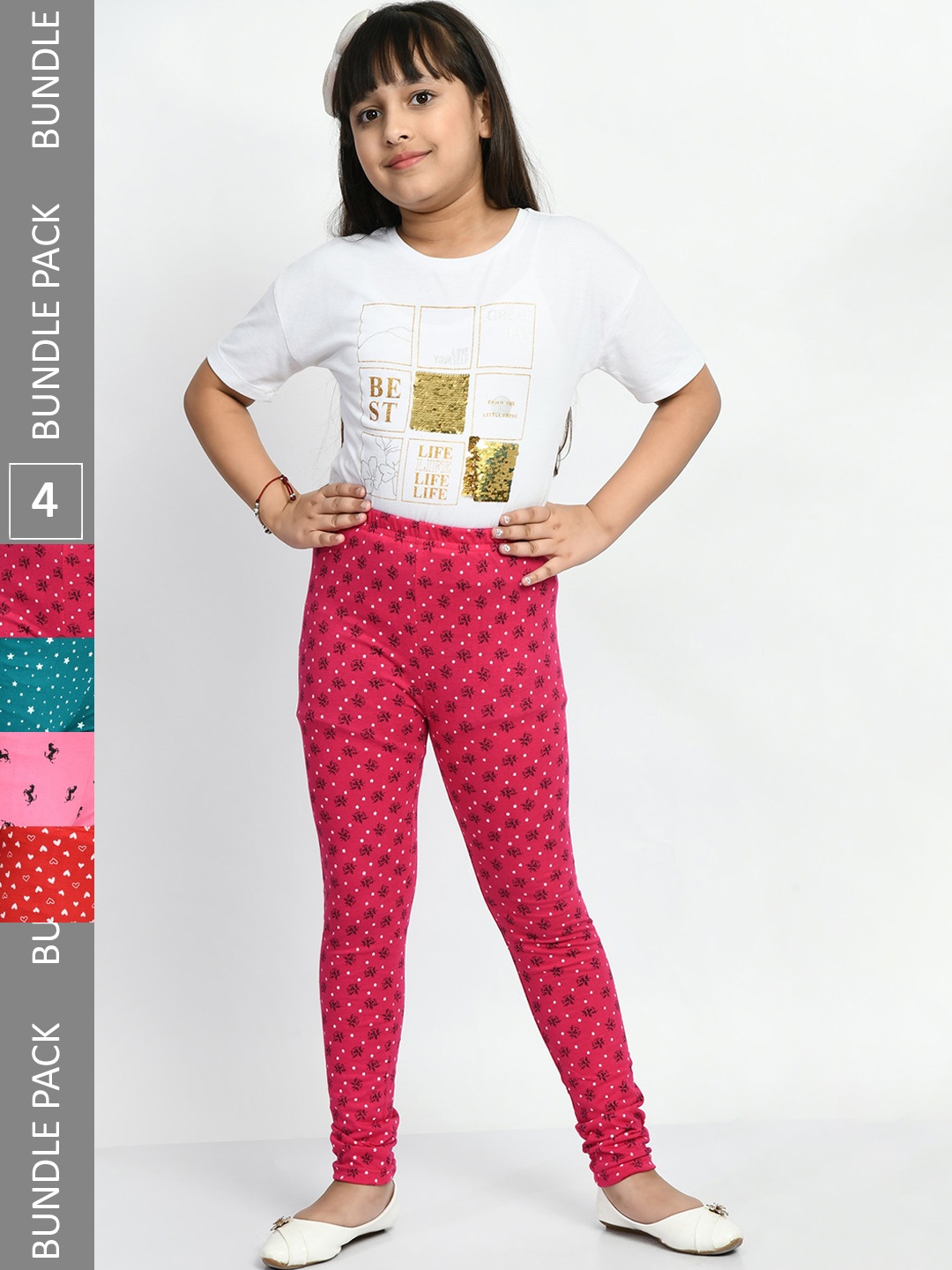 

BAESD Girls Pack Of 4 Printed Churidar Length Pure Cotton Leggings, Pink