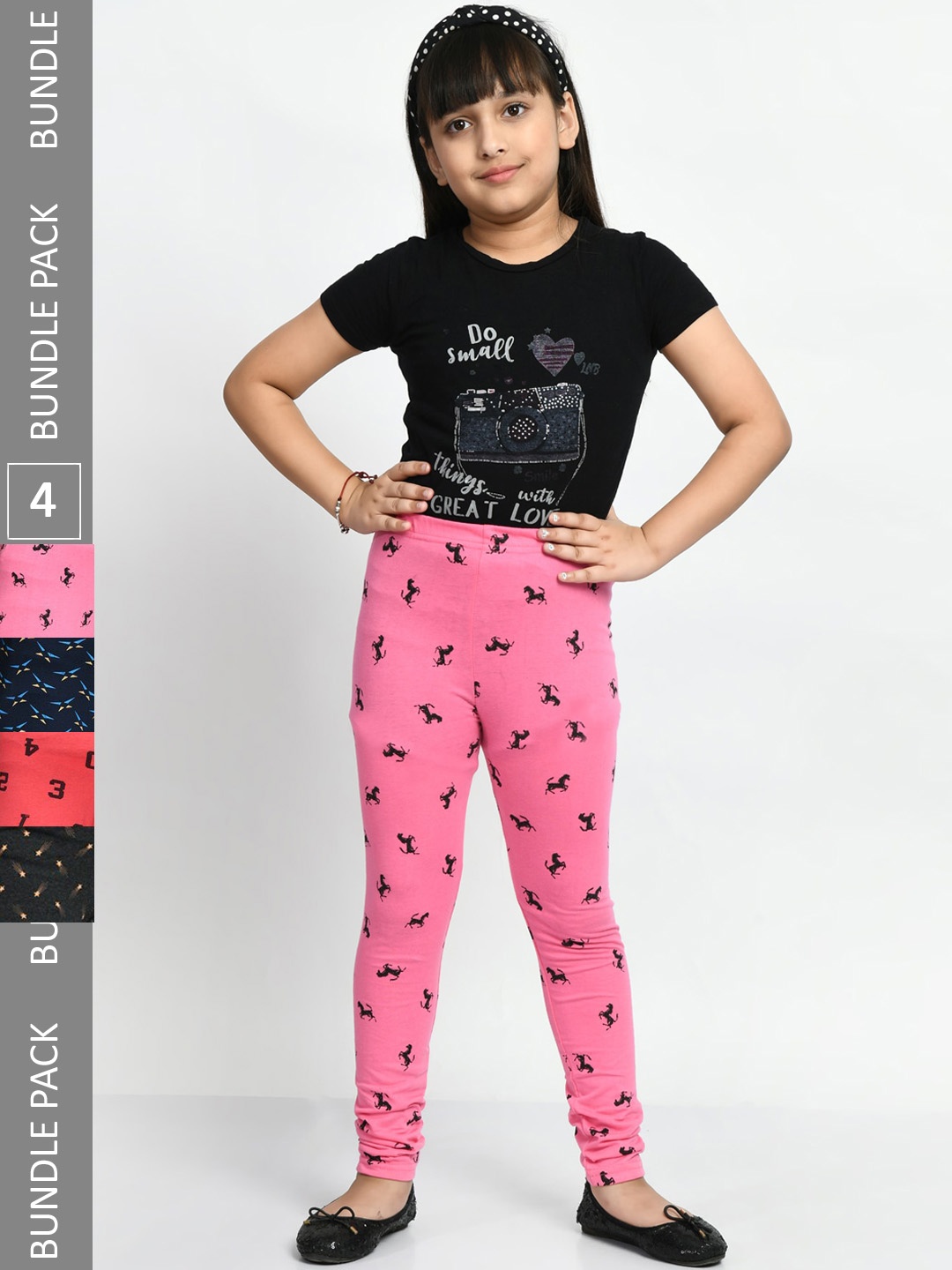 

BAESD Girls Pack Of 4 Printed Pure Cotton Churidar Length Leggings, Black