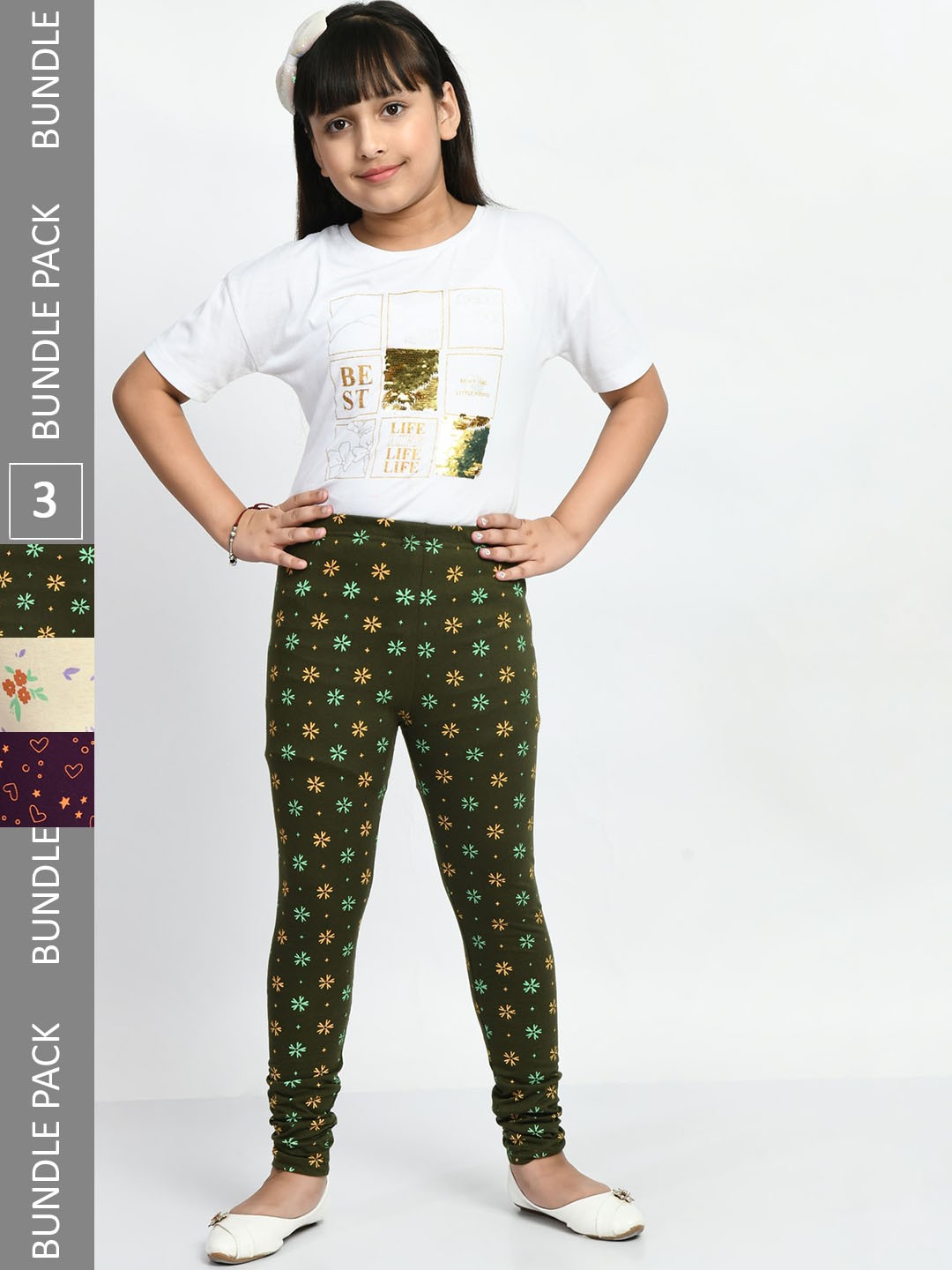 

BAESD Girls Pack Of 3 Printed Pure Cotton Churidar-Length Leggings, Olive