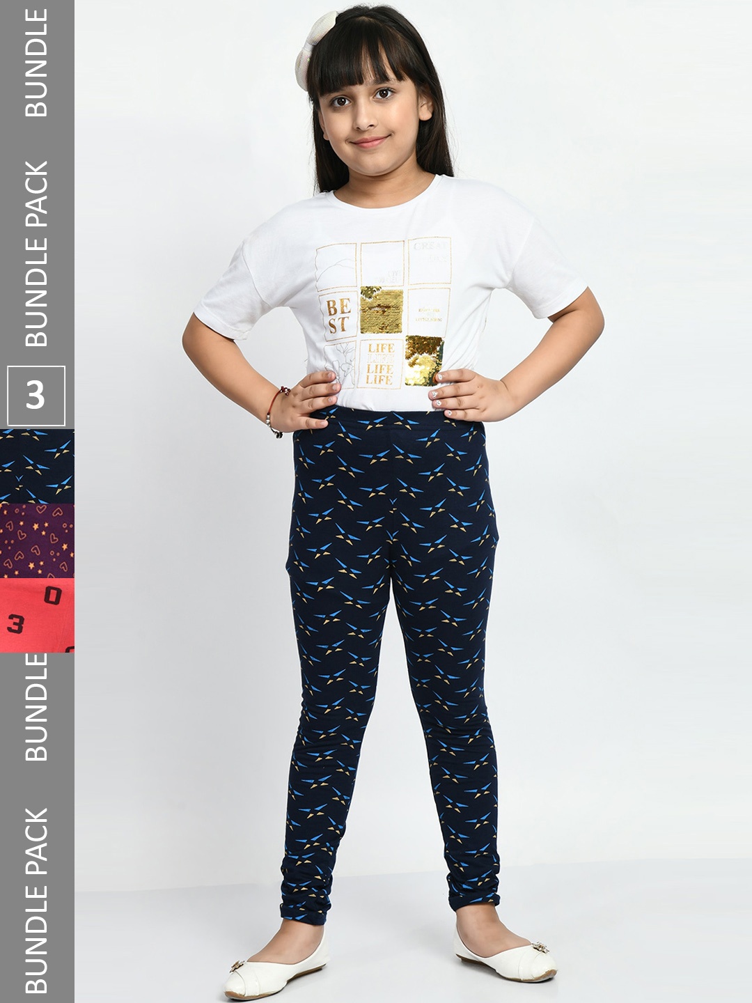 

BAESD Girls Pack Of 3 Printed Cotton Churidar-Length Leggings, Blue