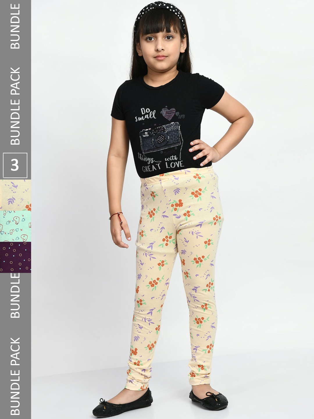 

BAESD Girls Pack Of 3 Printed Cotton Churidar-Length Leggings, Green