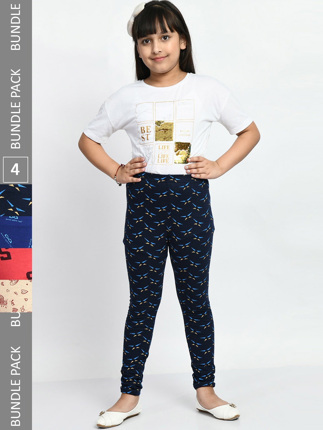 

BAESD Girls Pack of 4 Printed Pure Cotton Leggings, Navy blue