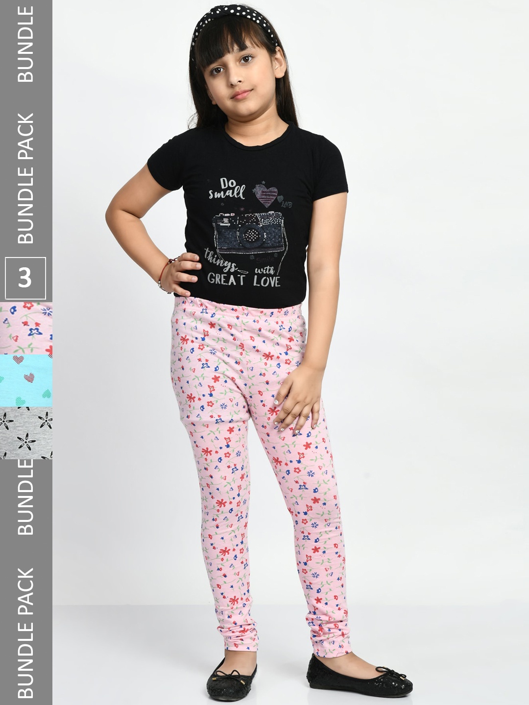 

BAESD Girls Pack Of 3 Printed Pure Cotton Churidar-Length Leggings, Grey