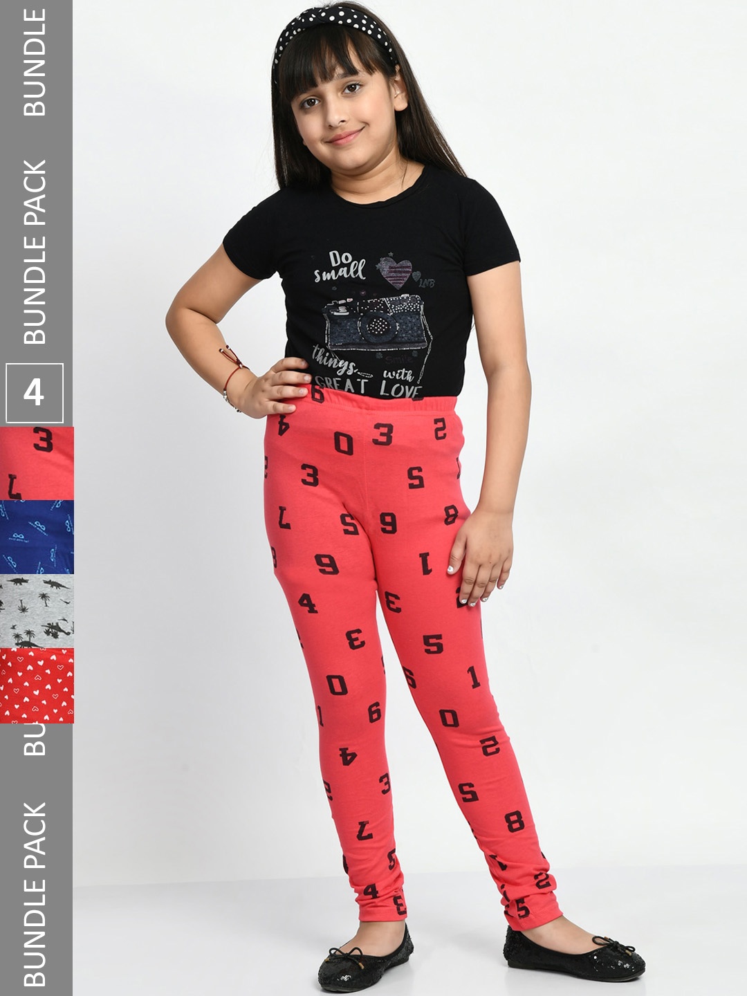 

BAESD Girls Pack Of 4 Printed Pure Cotton Churidar-Length Leggings, Grey