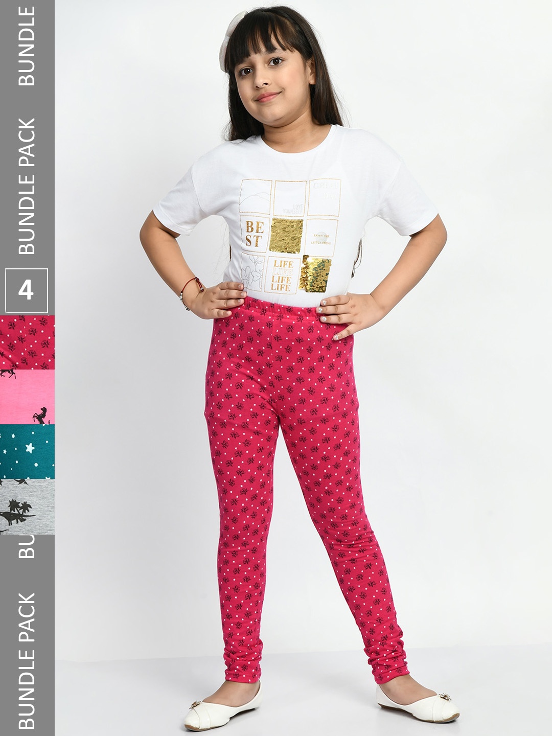

BAESD Girls Pack Of 4 Printed Cotton Churidar- Length Leggings, Grey
