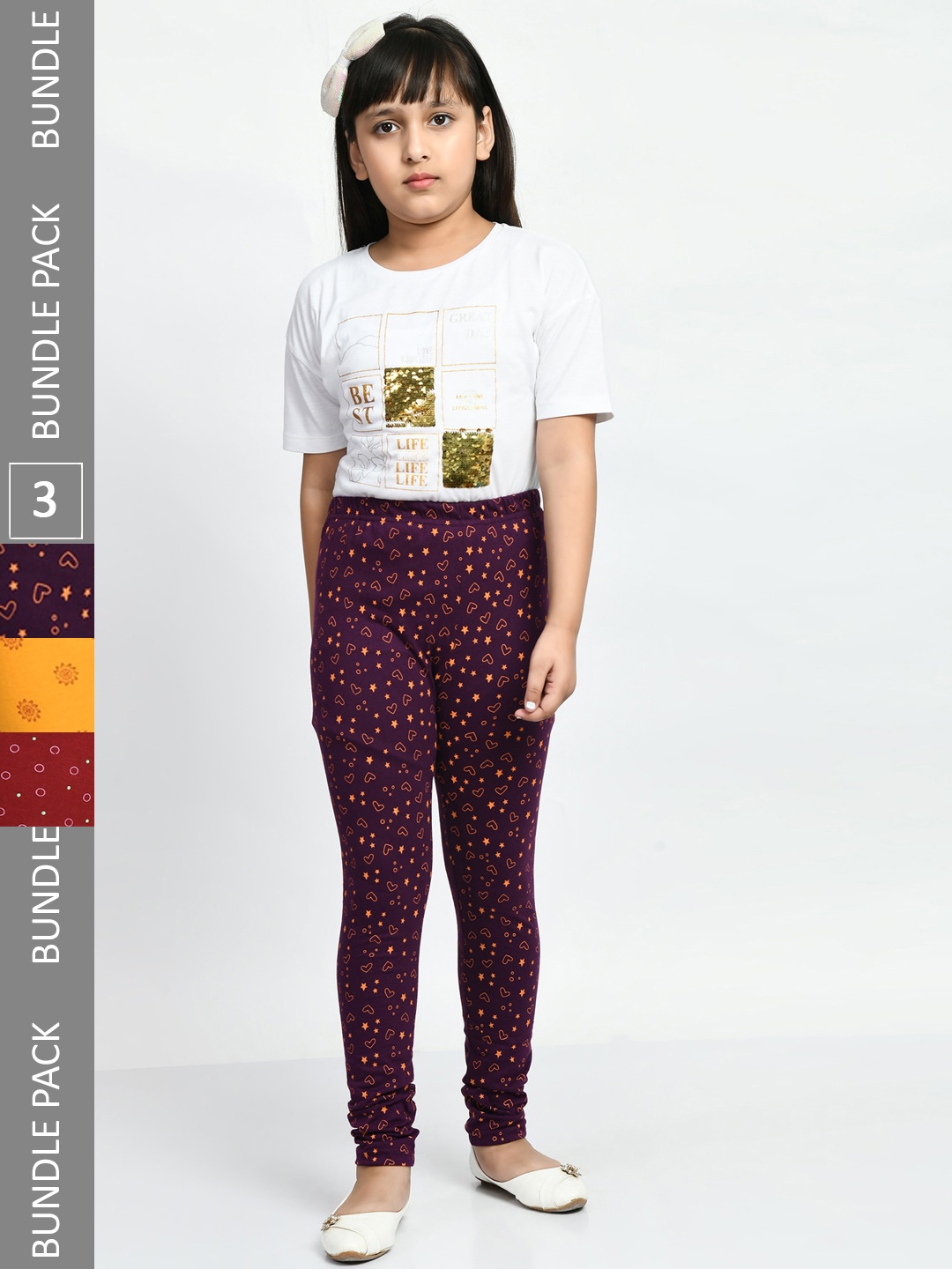 

BAESD Girls Pack Of 3 Printed Super Soft Pure Cotton Churidar-Length Leggings, Maroon