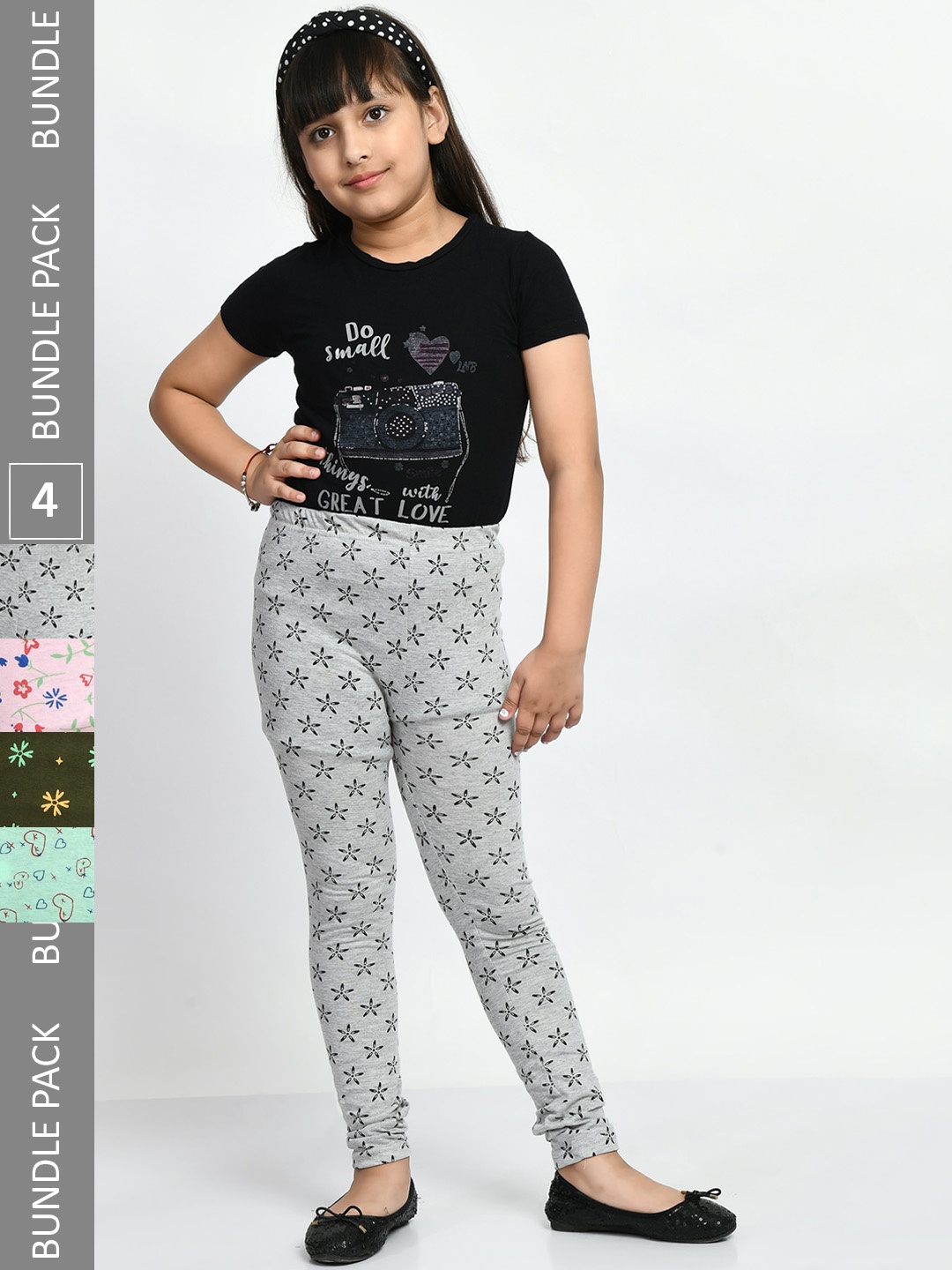 

BAESD Girls Pack Of 4 Printed Super Soft Pure Cotton Churidar-Length Leggings, Grey