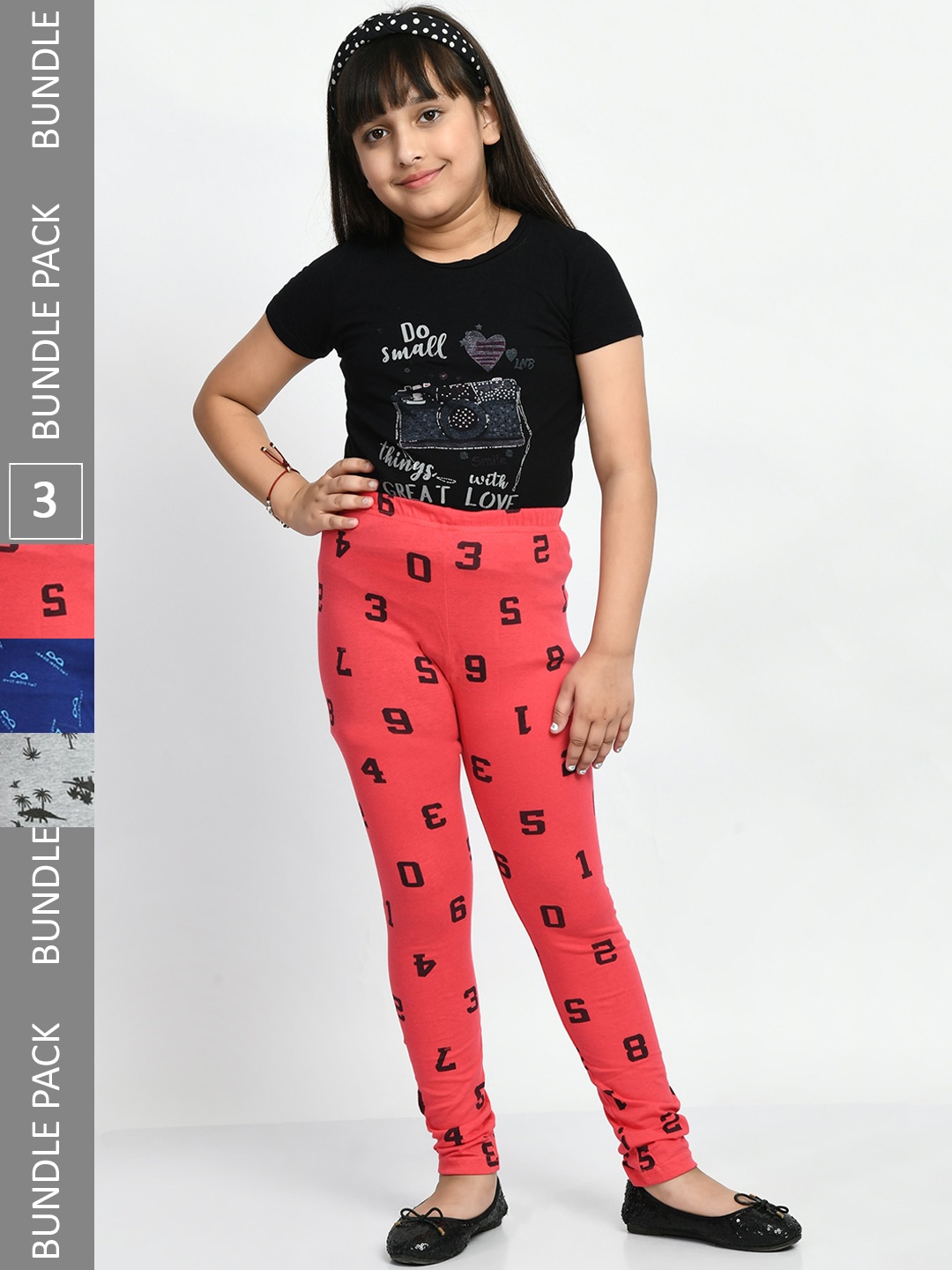 

BAESD Girls Pack Of 3 Printed Pure Cotton Churidar Length Leggings, Blue
