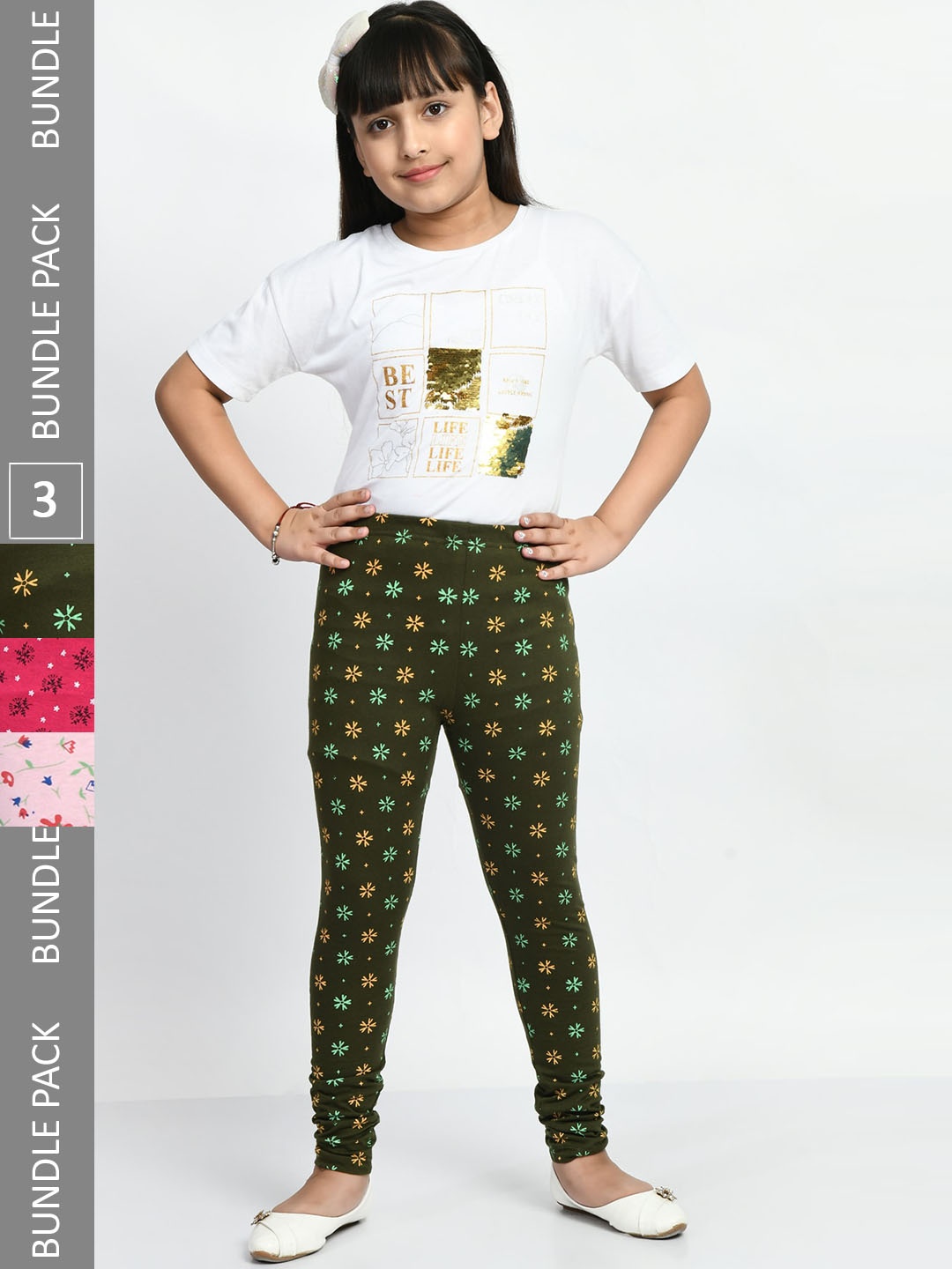 

BAESD Girls Pack of 3 Printed Super Soft Pure Cotton Churidar- Length Leggings, Olive