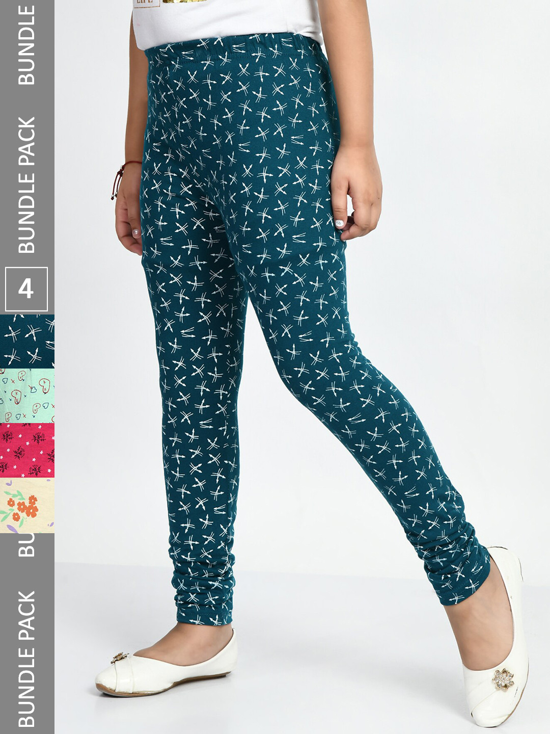 

BAESD Girls Pack Of 4 Conversational Printed Pure Cotton Churidar-Length Leggings, Green