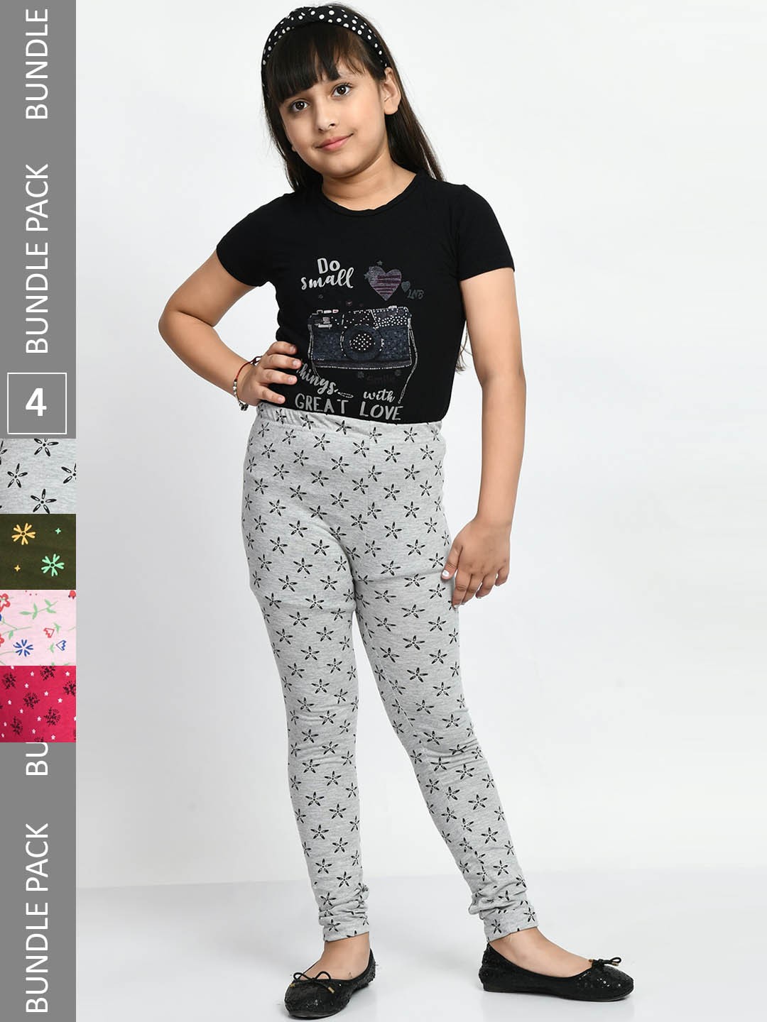 

BAESD Girls Pack Of 4 Printed Super Soft Cotton Churidar-Length Leggings, Grey