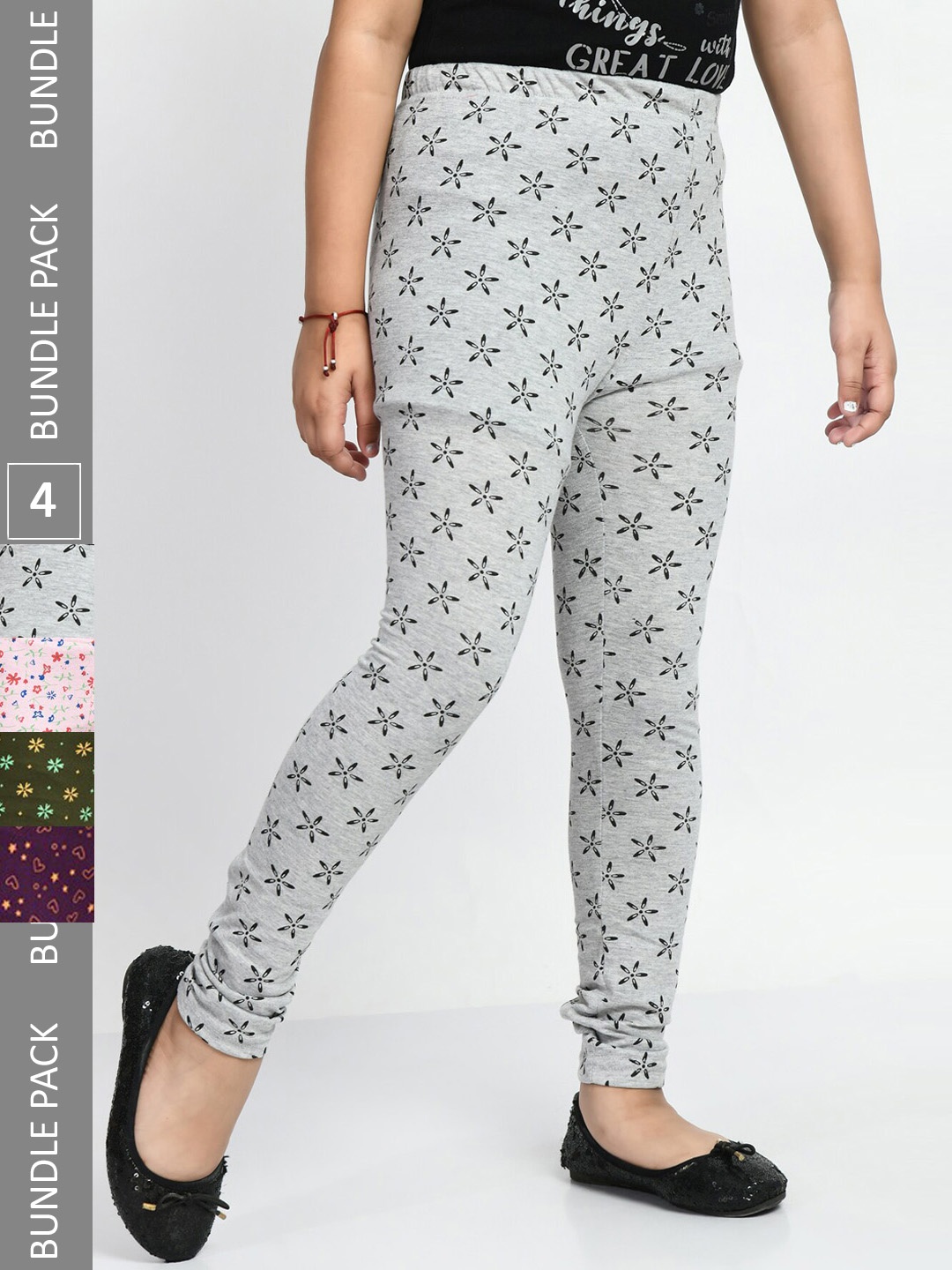 

BAESD Girls Pack Of 4 Printed Pure Cotton Churidar-Length Leggings, Grey