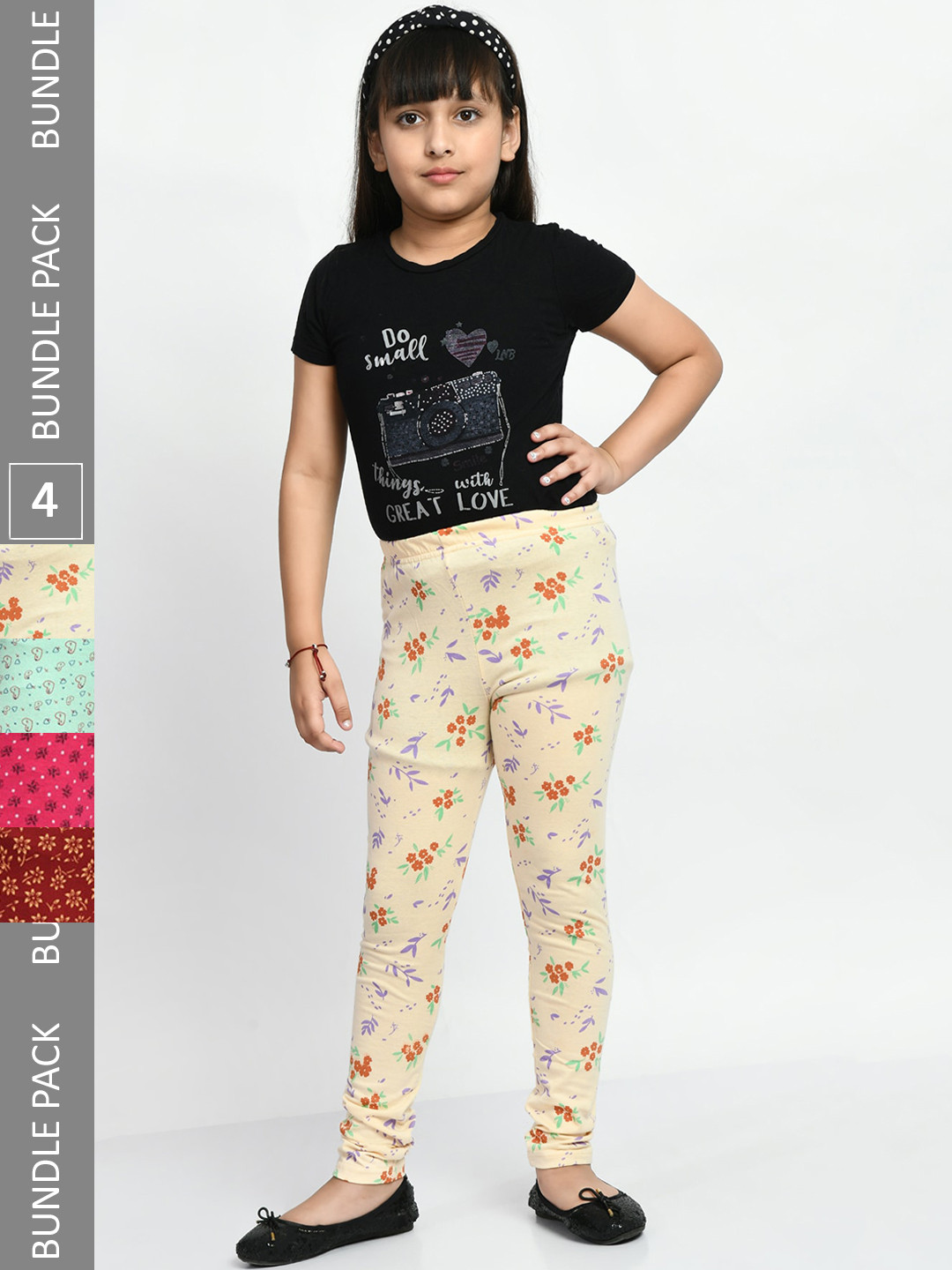 

BAESD Girls Pack Of 4 Printed Pure Cotton Churidar Length Leggings, Green