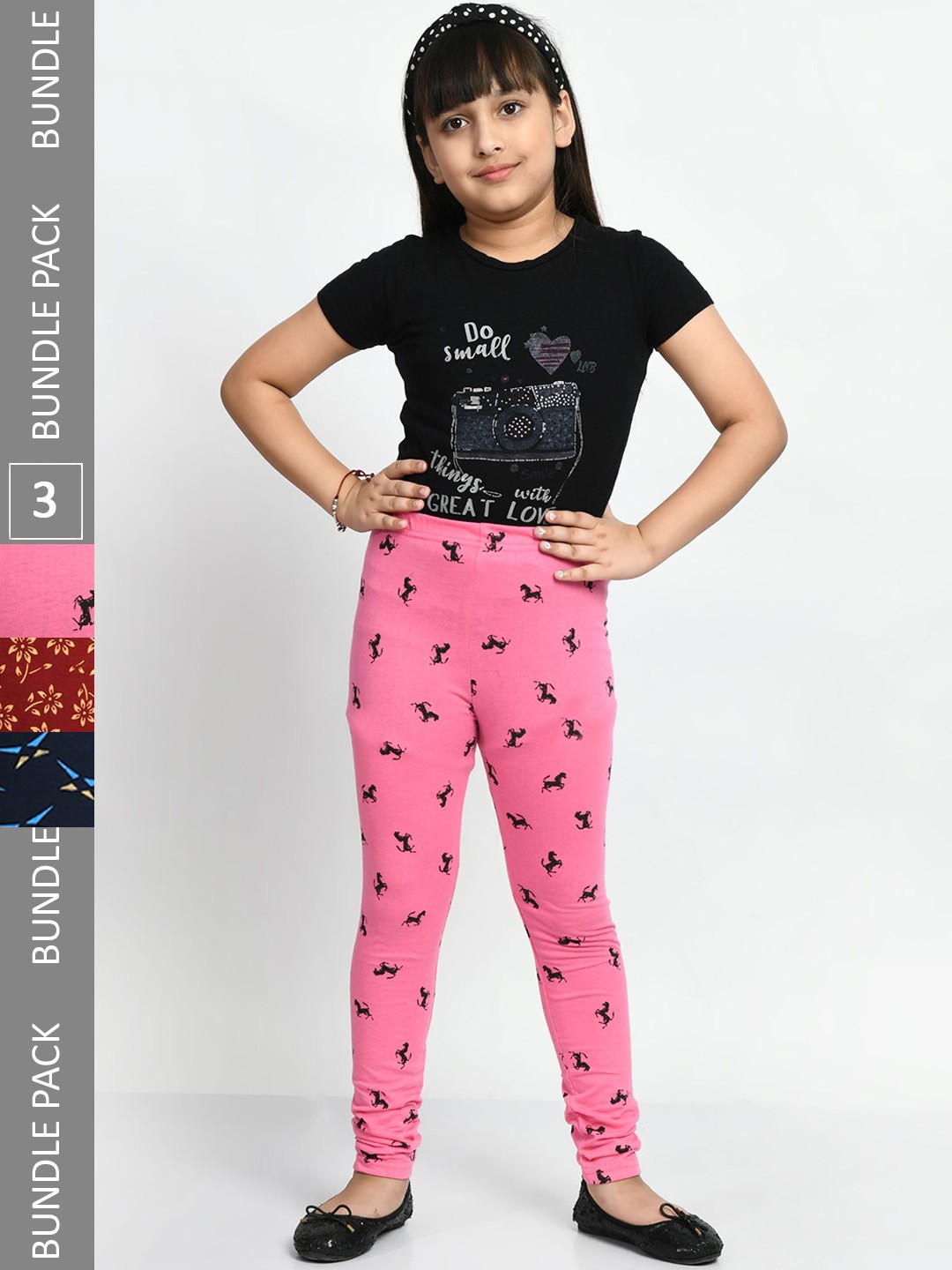 

BAESD Girls Pack Of 3 Printed Churidar Length Pure Cotton Leggings, Navy blue