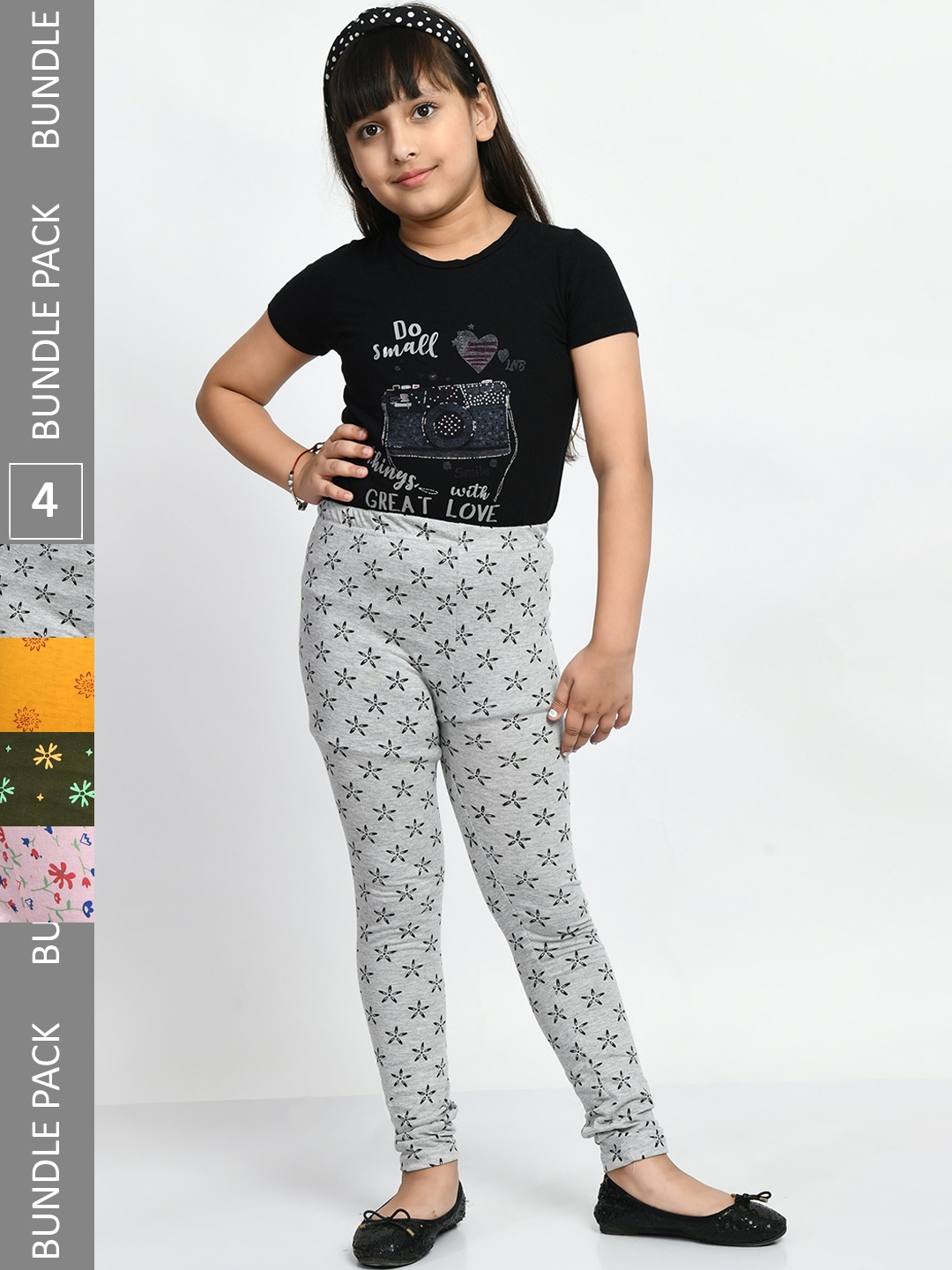 

BAESD Girls Pack of 4 Printed Super Soft Pure Cotton Churidar- Length Leggings, Grey