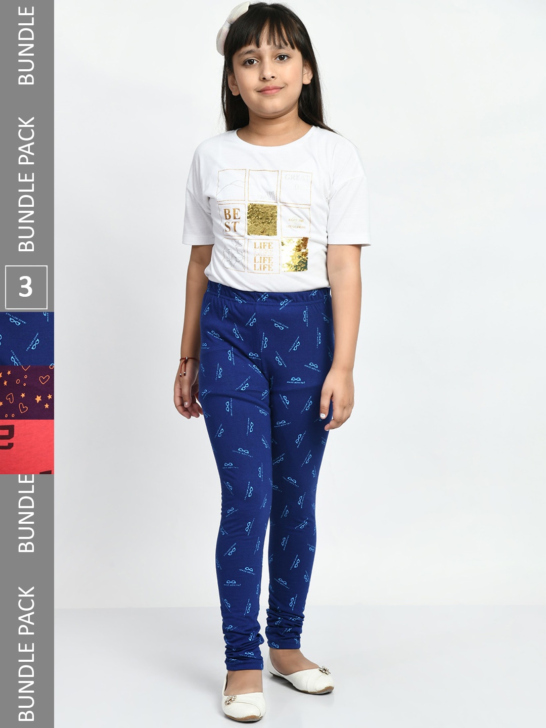 

BAESD Girls Pack Of 3 Printed Pure Cotton Churidar-Length Leggings, Blue