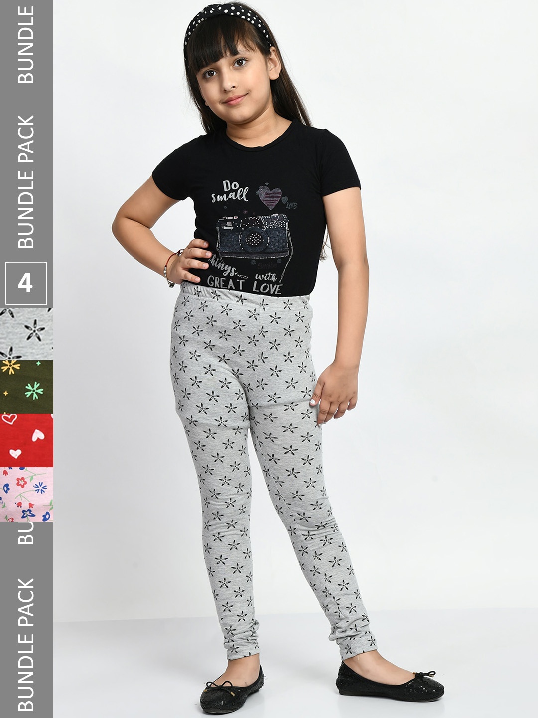 

BAESD Girls Pack Of 4 Printed Churidar Length Pure Cotton Leggings, Grey