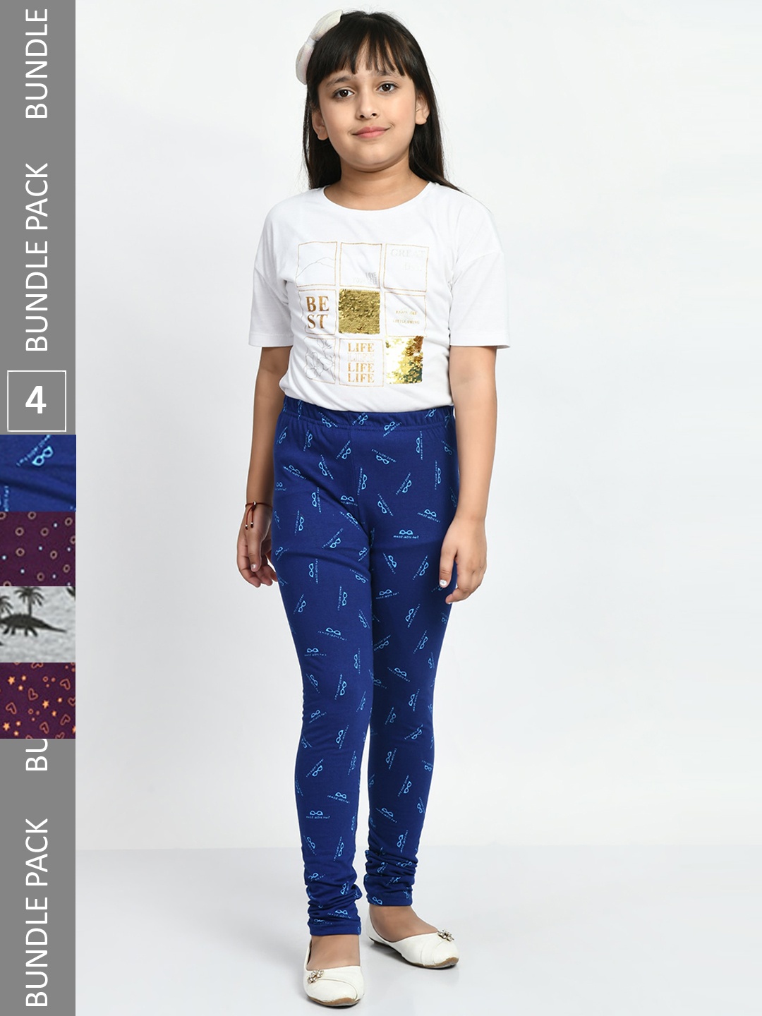 

BAESD Girls Pack Of 4 Printed Pure Cotton Churidar-Length Leggings, Grey