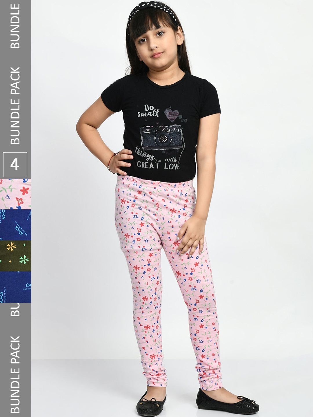 

BAESD Girls Pack Of 4 Printed Pure Cotton Churidar-Length Leggings, Pink