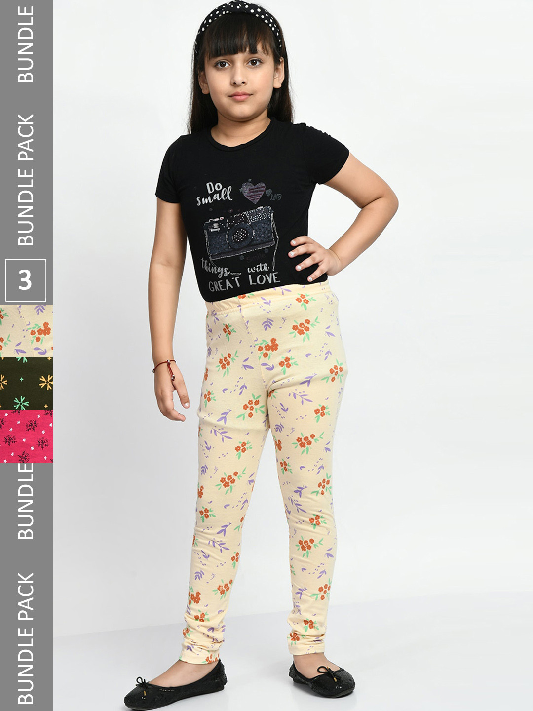 

BAESD Girls Pack Of 3 Printed Pure Cotton Super Soft Churidar-Length Leggings, Beige