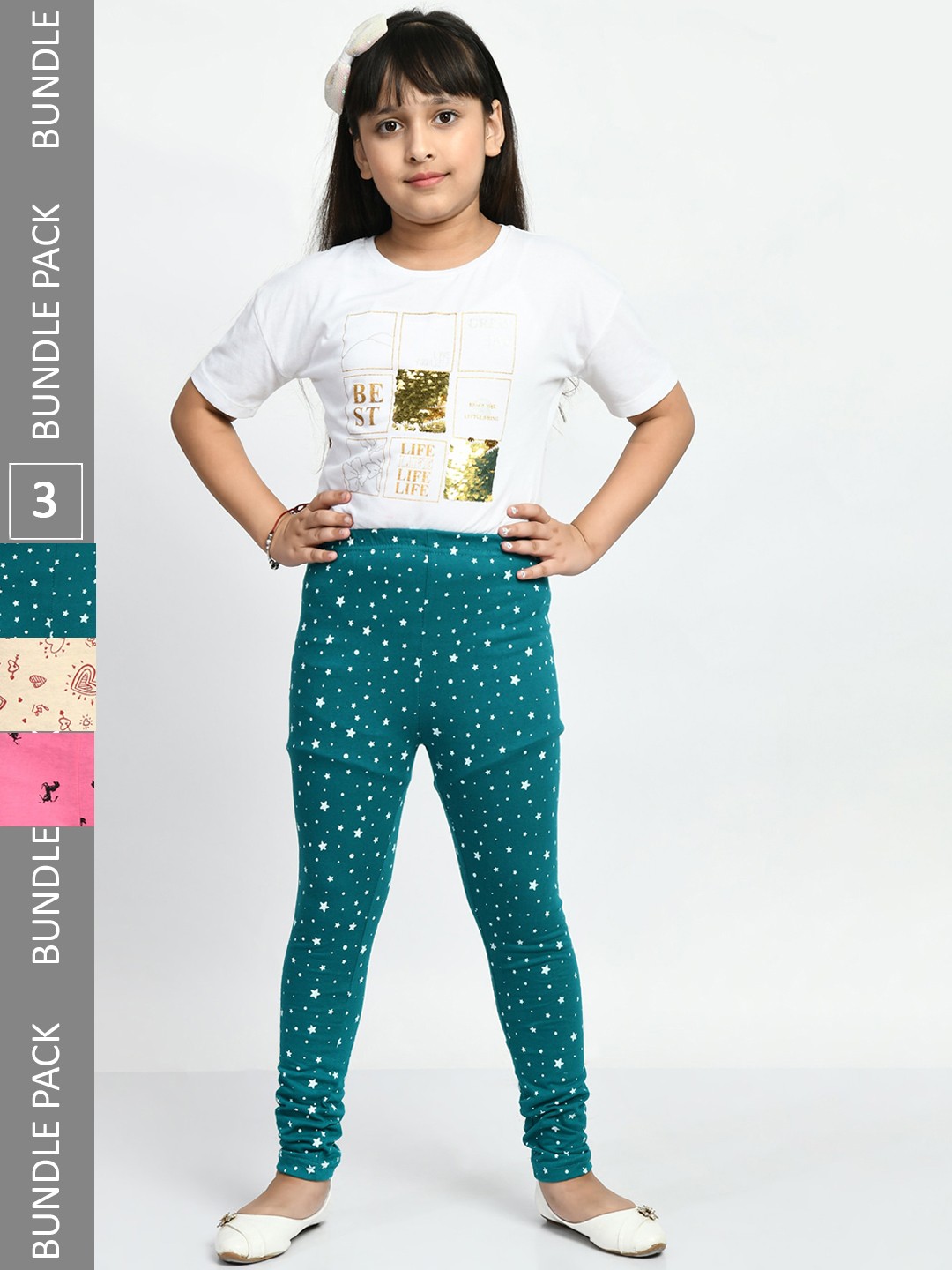 

BAESD Girls Pack of 3 Printed Super Soft Pure Cotton Churidar- Length Leggings, Blue