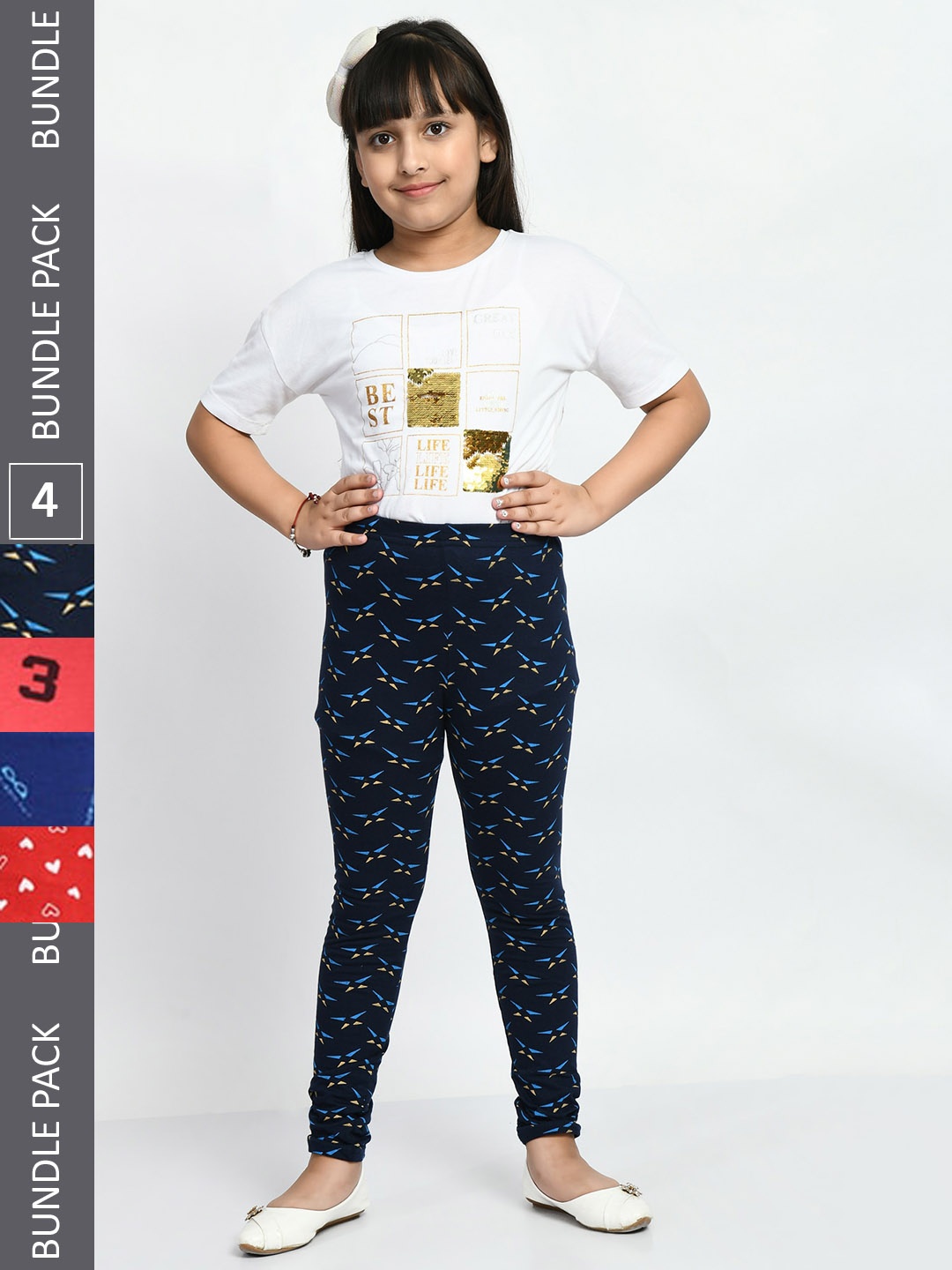 

BAESD Girls Pack Of 4 Printed Cotton Churidar-Length Leggings, Blue