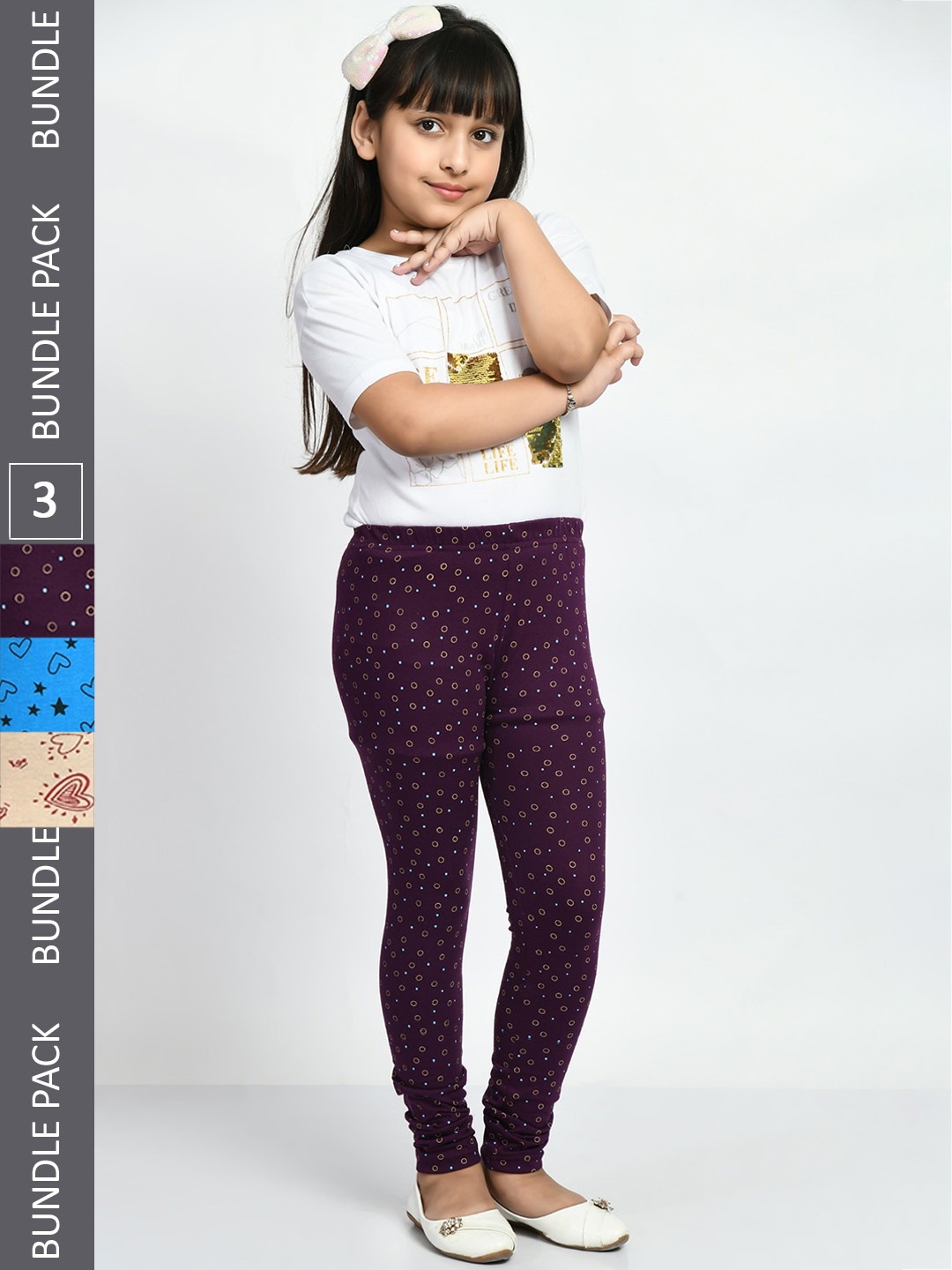 

BAESD Girls Pack Of 3 Printed Pure Cotton Super Soft Churidar-Length Leggings, Blue