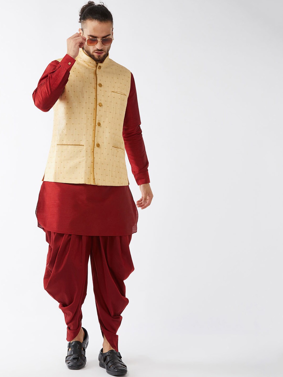 

VASTRAMAY Mandarin Collar Zari Kurta with Dhoti Pants & Nehru Jacket, Maroon