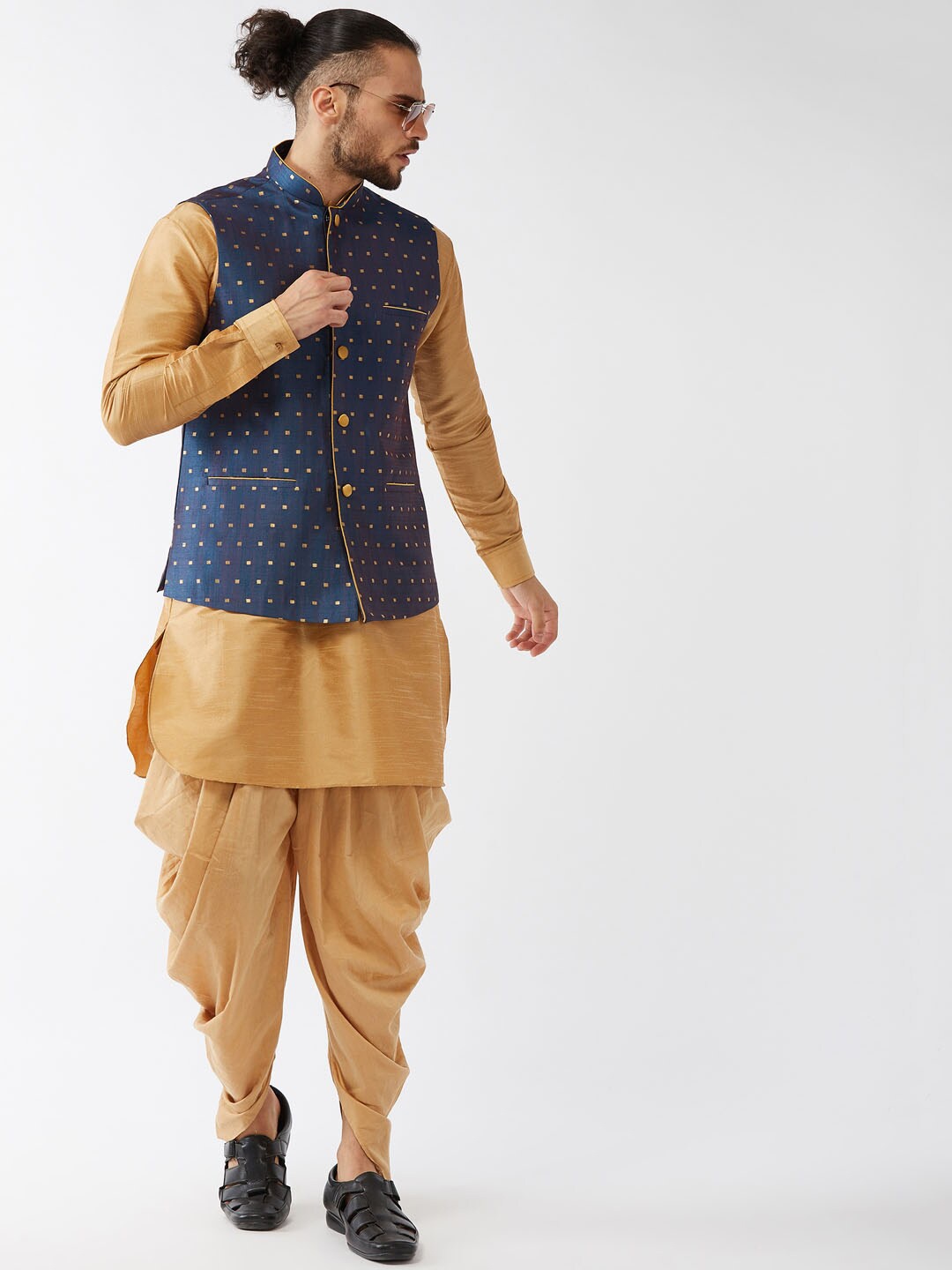 

VASTRAMAY Mandarin Collar Zari Kurta with Dhoti Pants & Nehru Jacket, Gold