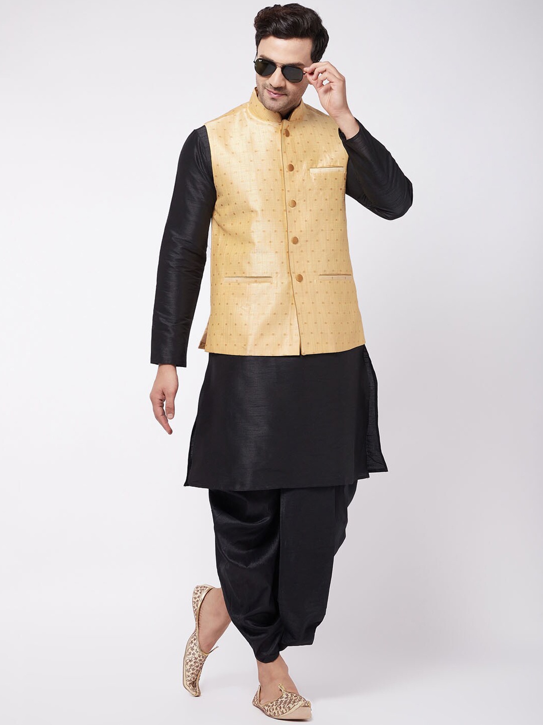 

VASTRAMAY Mandarin Collar Zari Kurta with Dhoti Pants & Nehru Jacket, Black