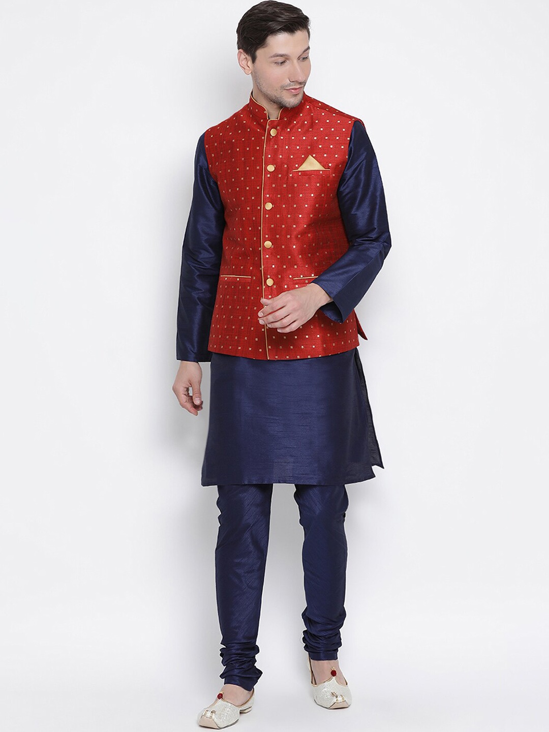 

VASTRAMAY Mandarin Collar Kurta with Churidar & Nehru Jacket, Navy blue