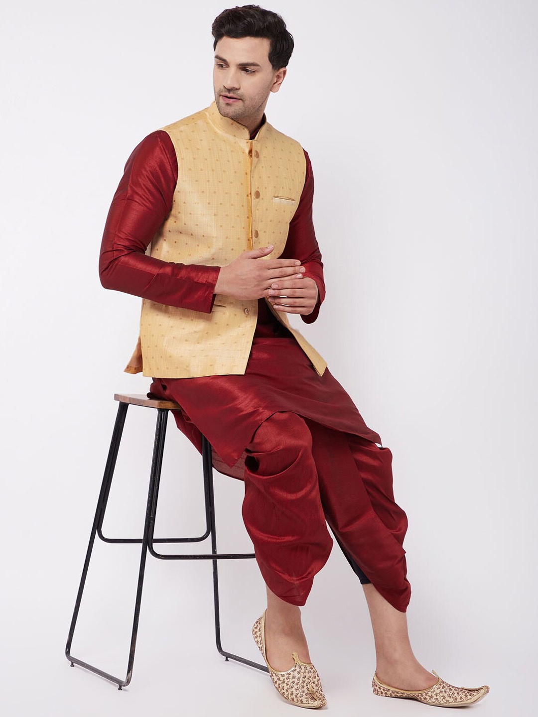 

VASTRAMAY Mandarin Collar Zari Kurta with Dhoti Pants & Nehru Jacket, Maroon