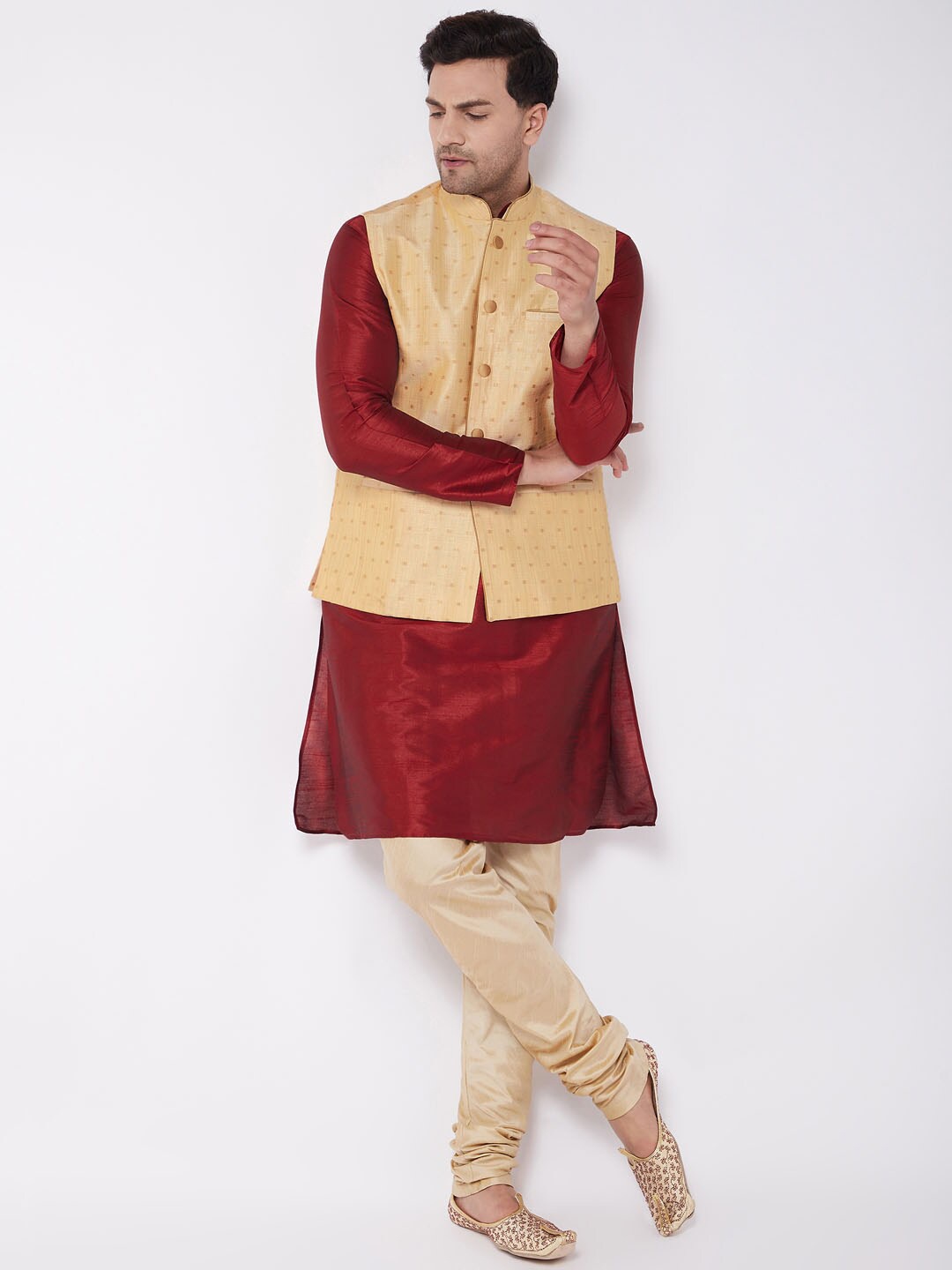 

VASTRAMAY Mandarin Collar Zari Kurta with Churidar & Nehru Jacket, Beige
