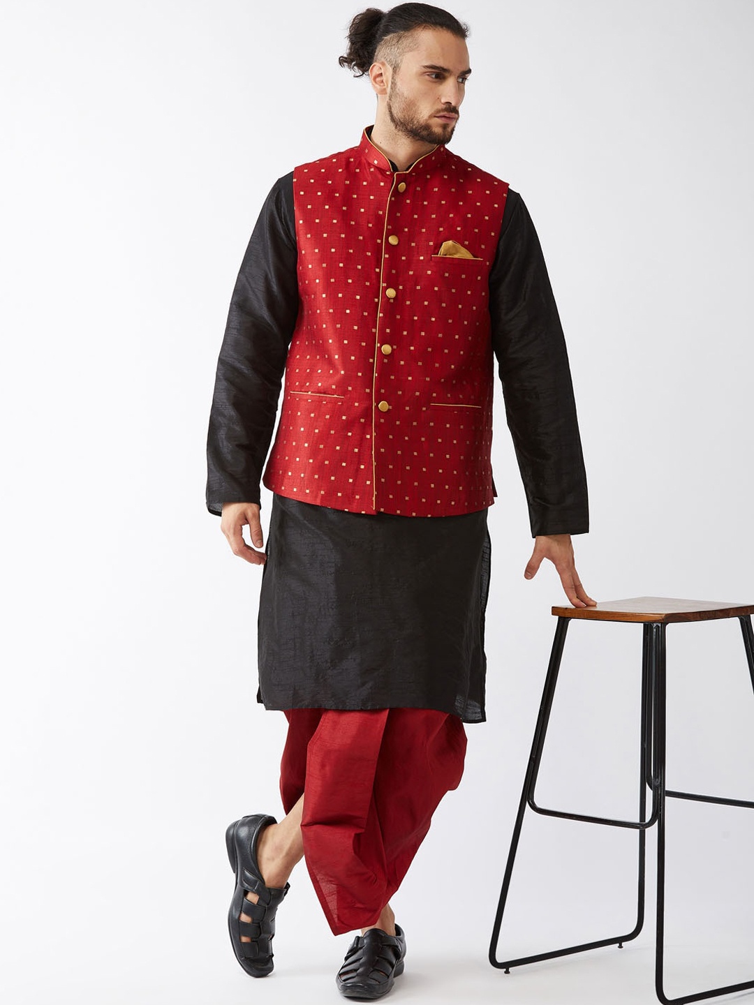 

VASTRAMAY Mandarin Collar Zari Kurta with Dhoti Pants & Nehru Jacket, Black