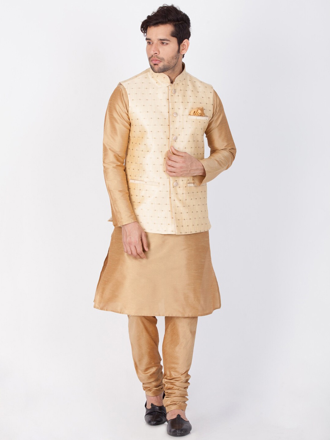 

VASTRAMAY Mandarin Collar Kurta With Churidar & Nehru Jacket, Rose gold
