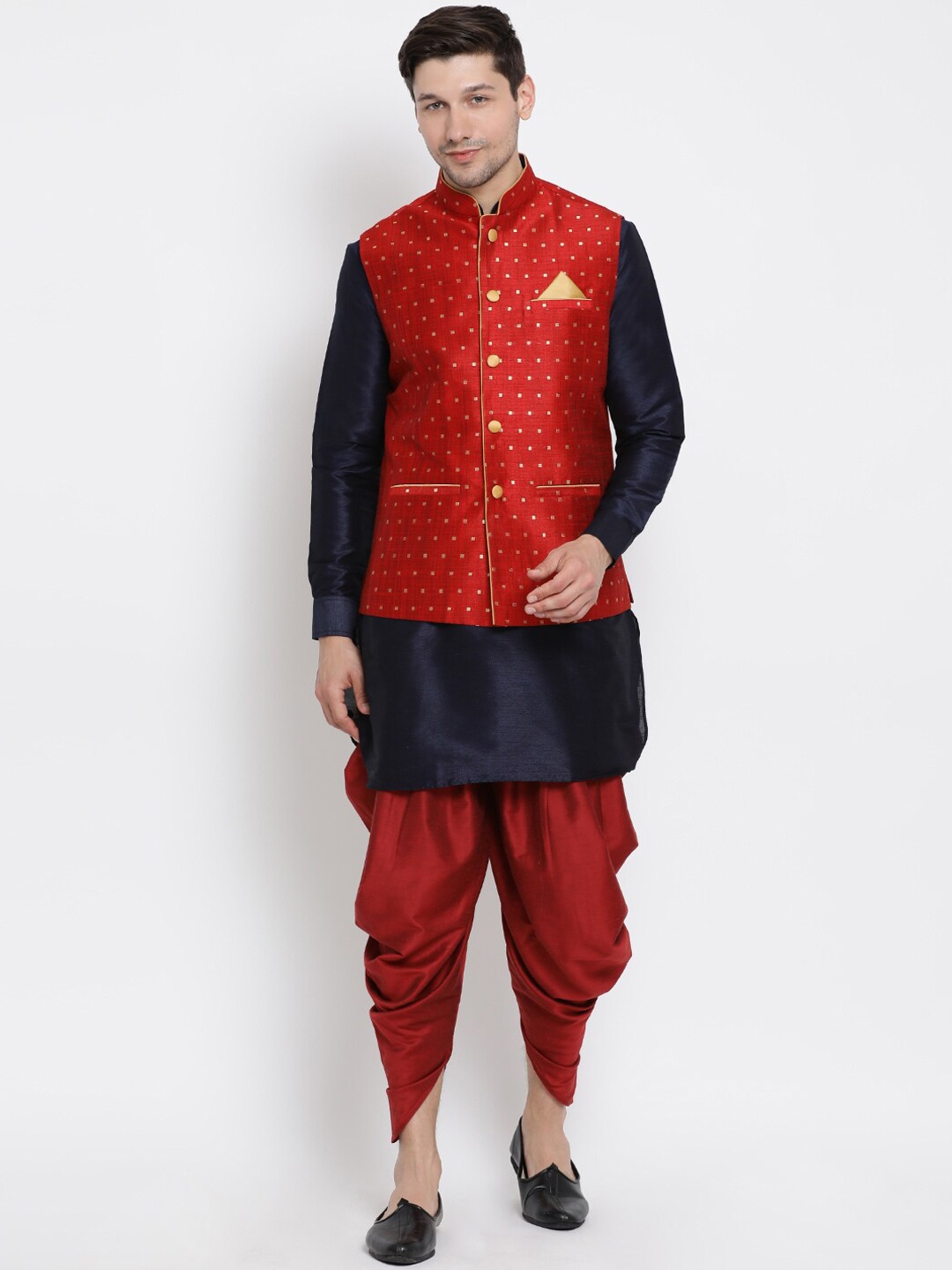 

VASTRAMAY Mandarin Collar Kurta With Dhoti Pants & Nehru Jacket, Navy blue