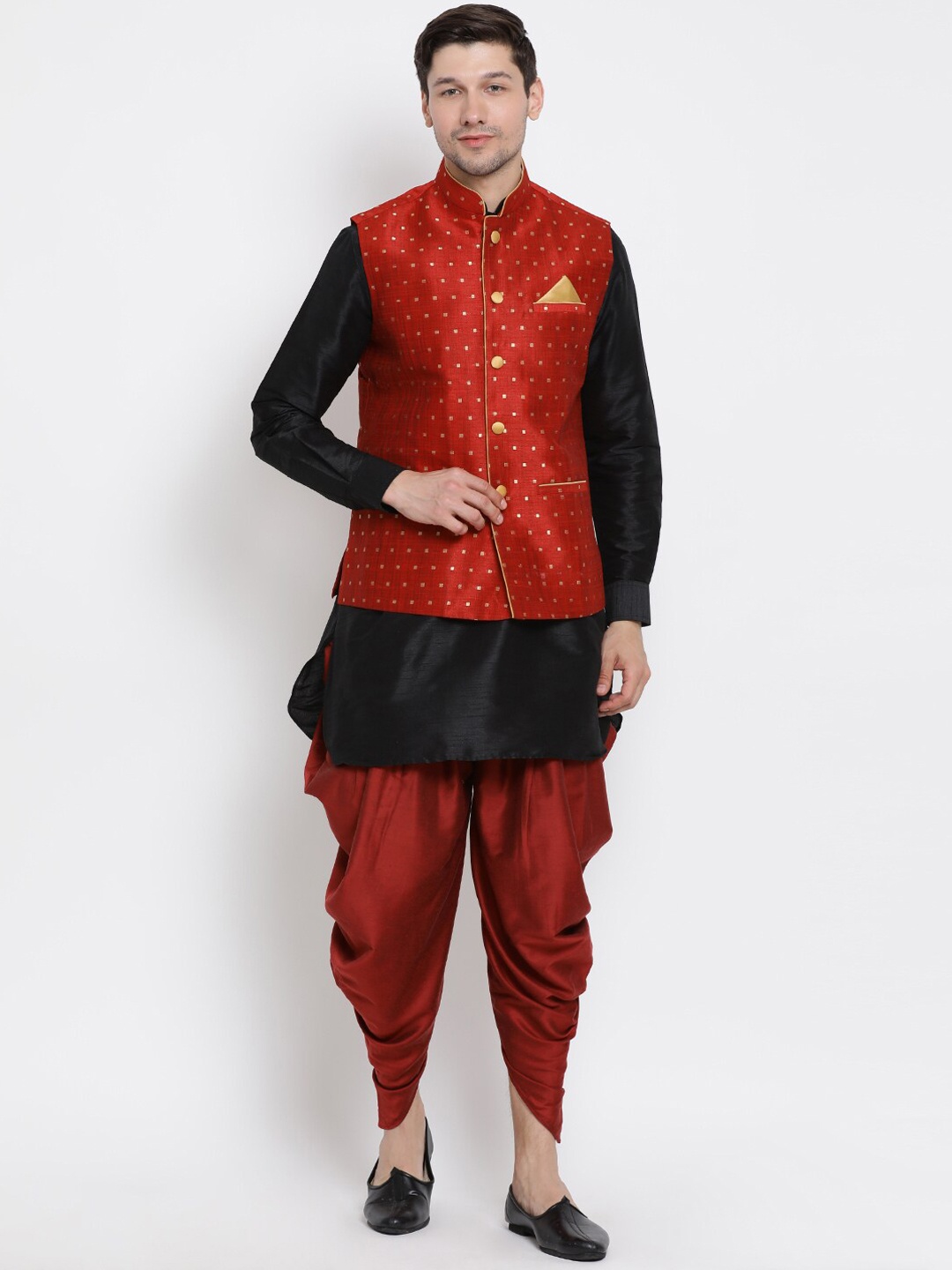 

VASTRAMAY Mandarin Collar Kurta With Dhoti Pants & Nehru Jacket, Black