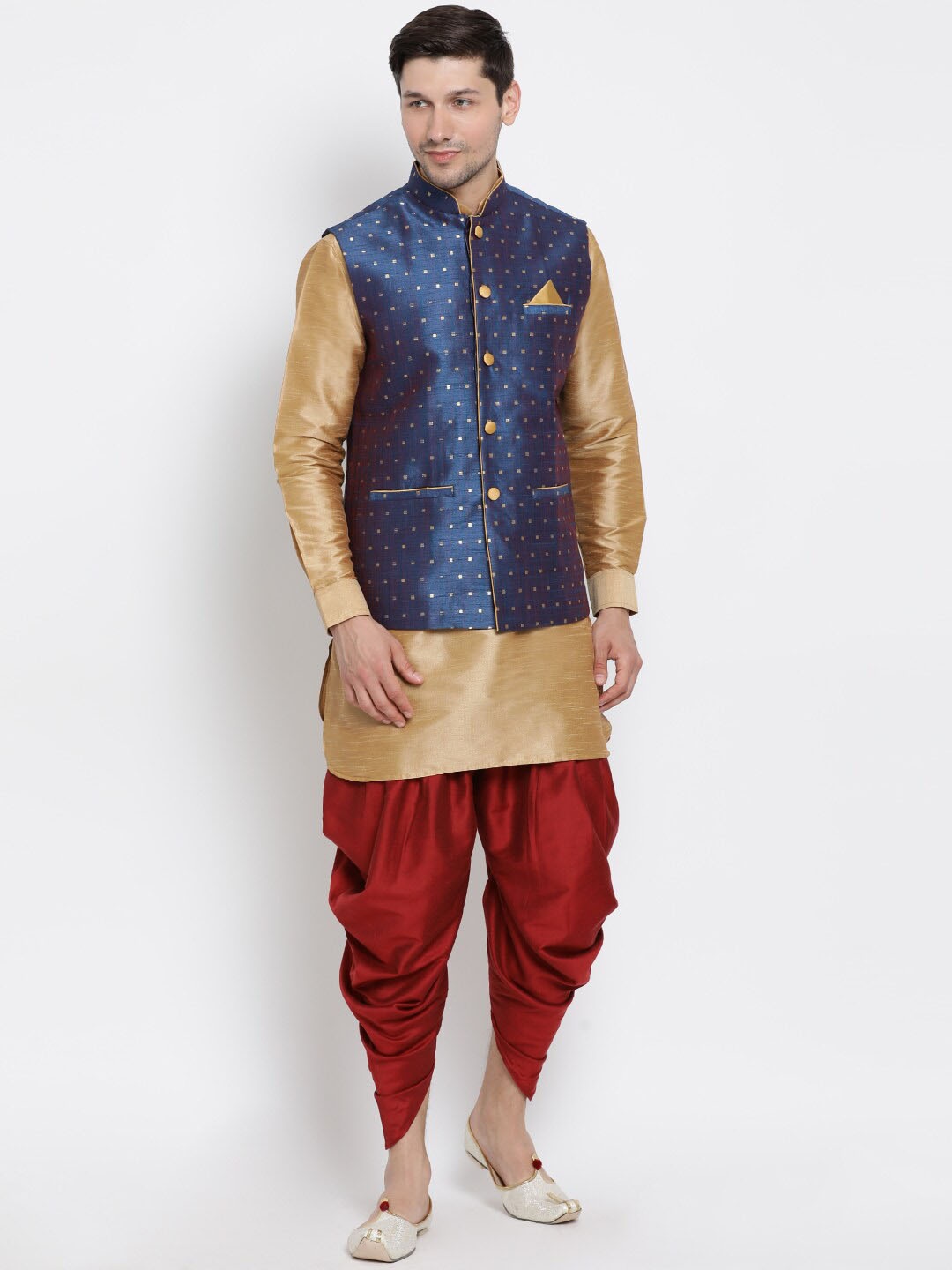 

VASTRAMAY Mandarin Collar Kurta With Dhoti Pants & Nehru Jacket, Gold