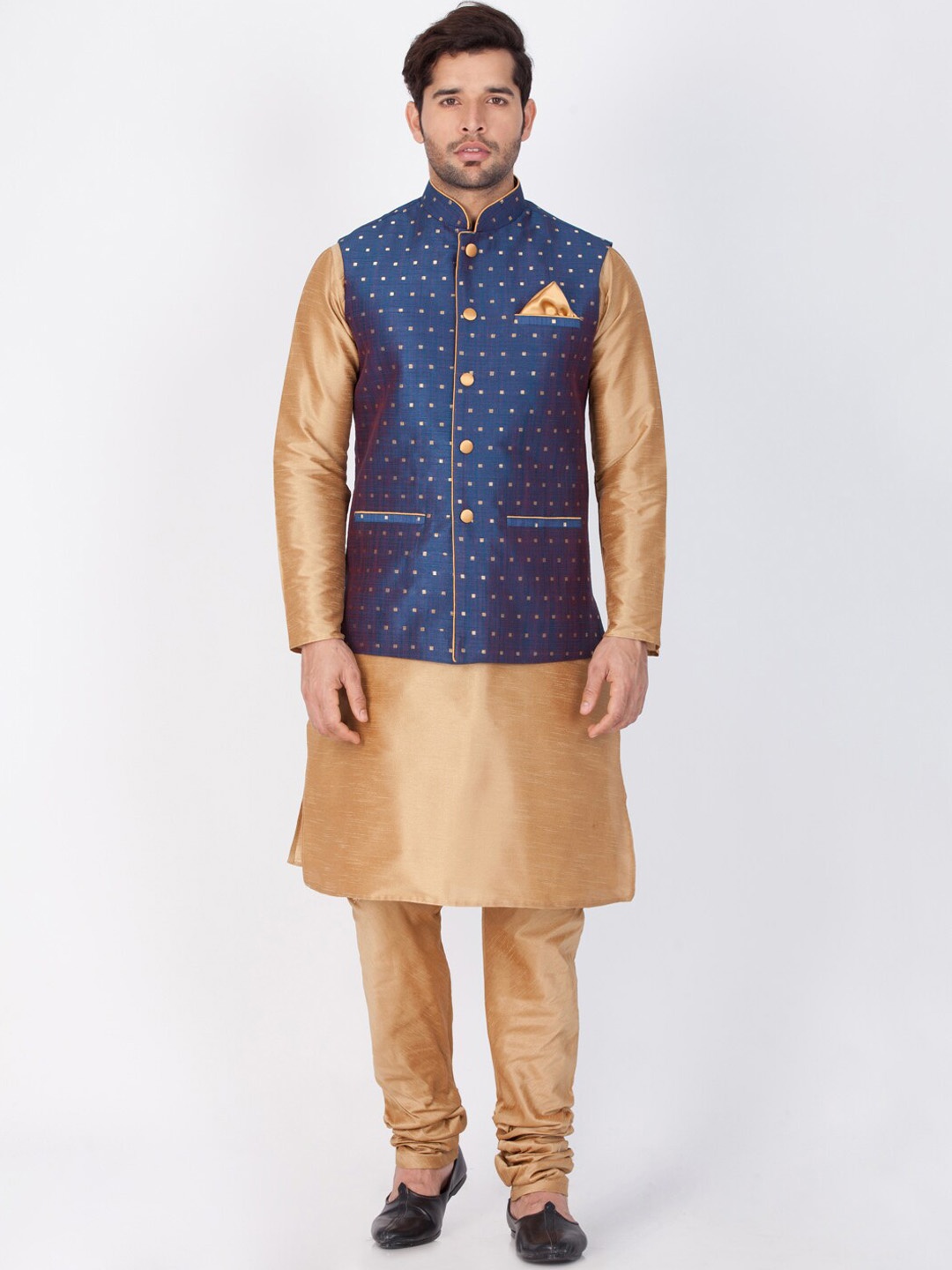 

VASTRAMAY Mandarin Collar Kurta With Churidar & Nehru Jacket, Gold