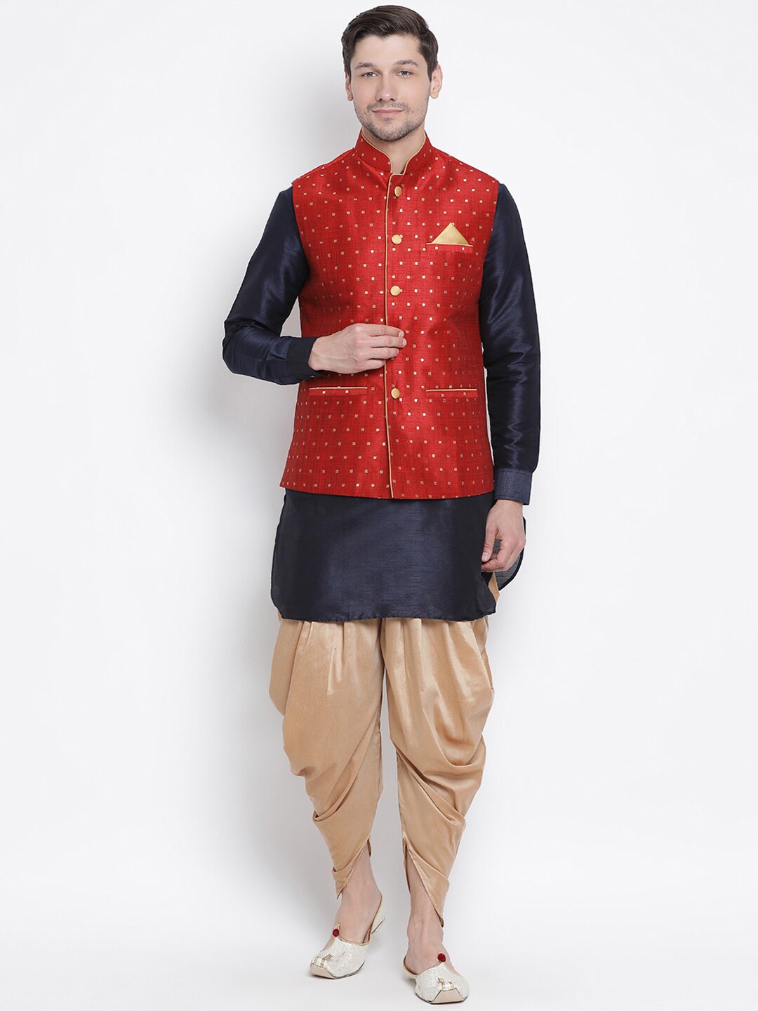 

VASTRAMAY Mandarin Collar Kurta With Dhoti Pants & Nehru Jacket, Navy blue