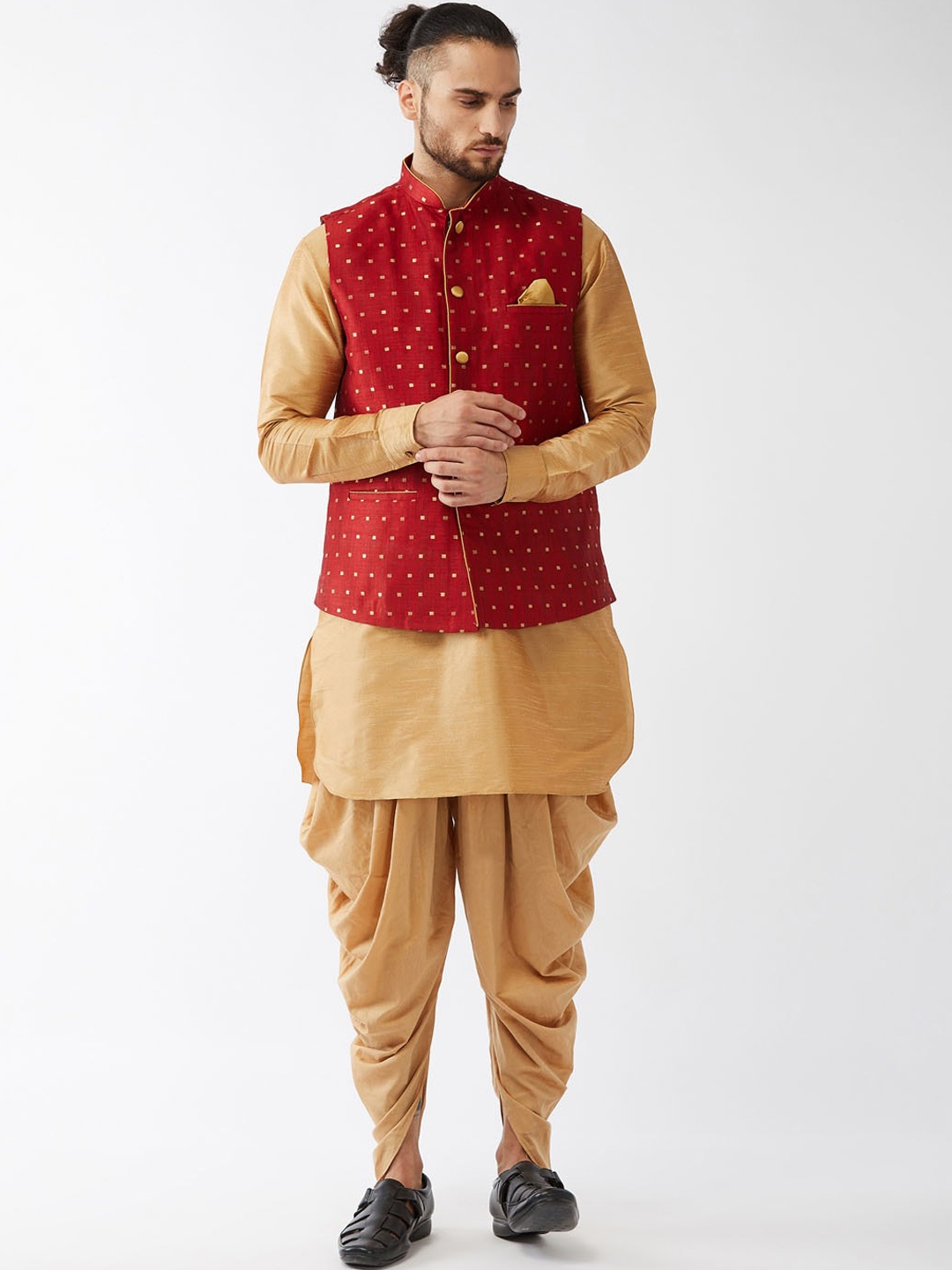 

VASTRAMAY Mandarin Collar Kurta With Dhoti Pants & Nehru Jacket, Rose gold