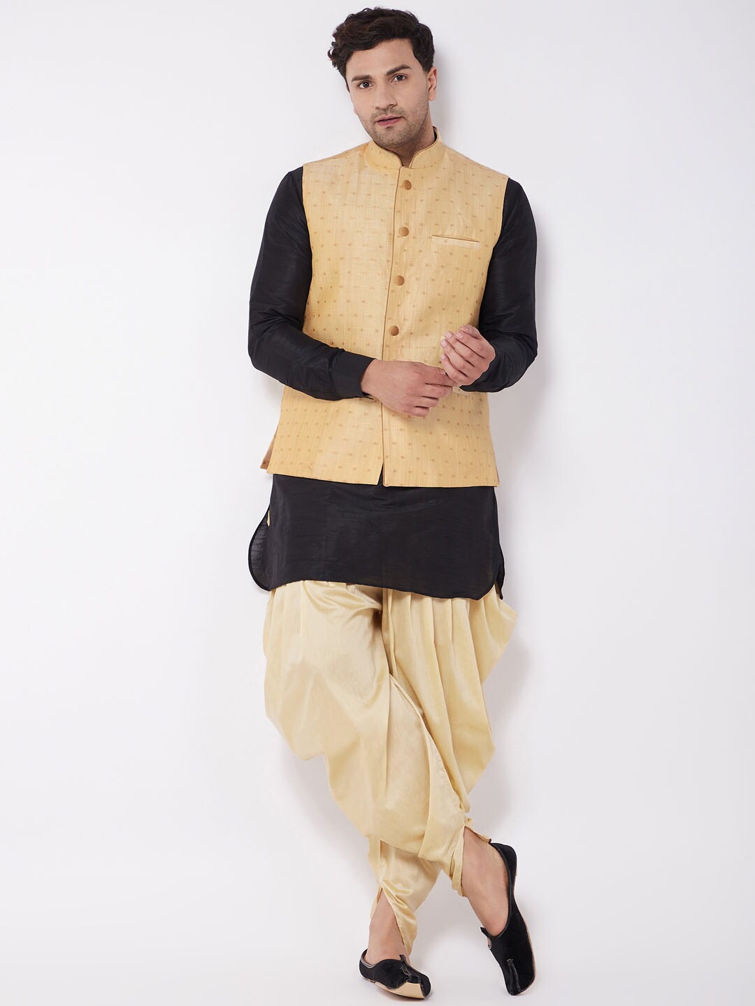 

VASTRAMAY Mandarin Collar Kurta With Dhoti Pants & Nehru Jacket, Black