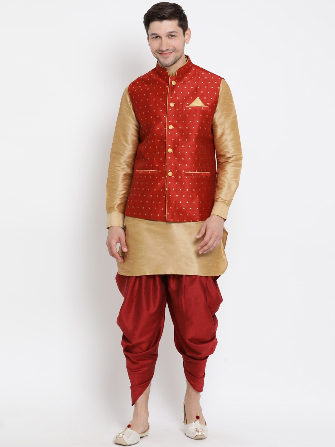 

VASTRAMAY Mandarin Collar Kurta with Dhoti Pants & Woven Design Nehru Jacket, Gold