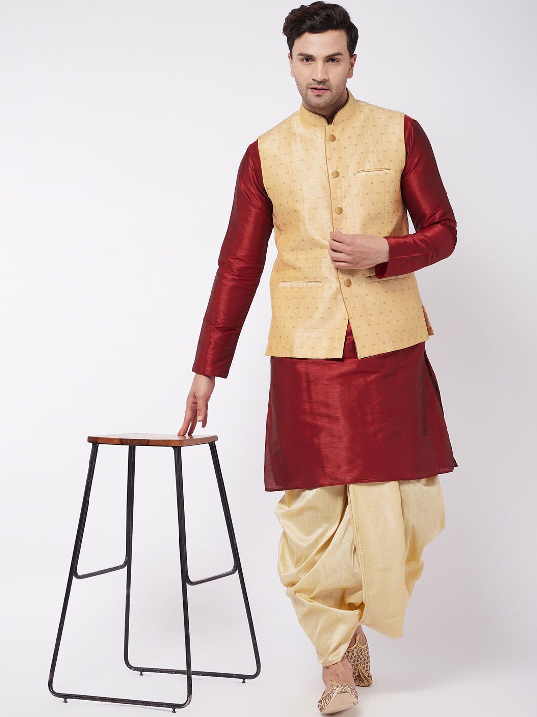 

VASTRAMAY Mandarin Collar Kurta with Dhoti Pants & Woven Design Nehru Jacket, Maroon