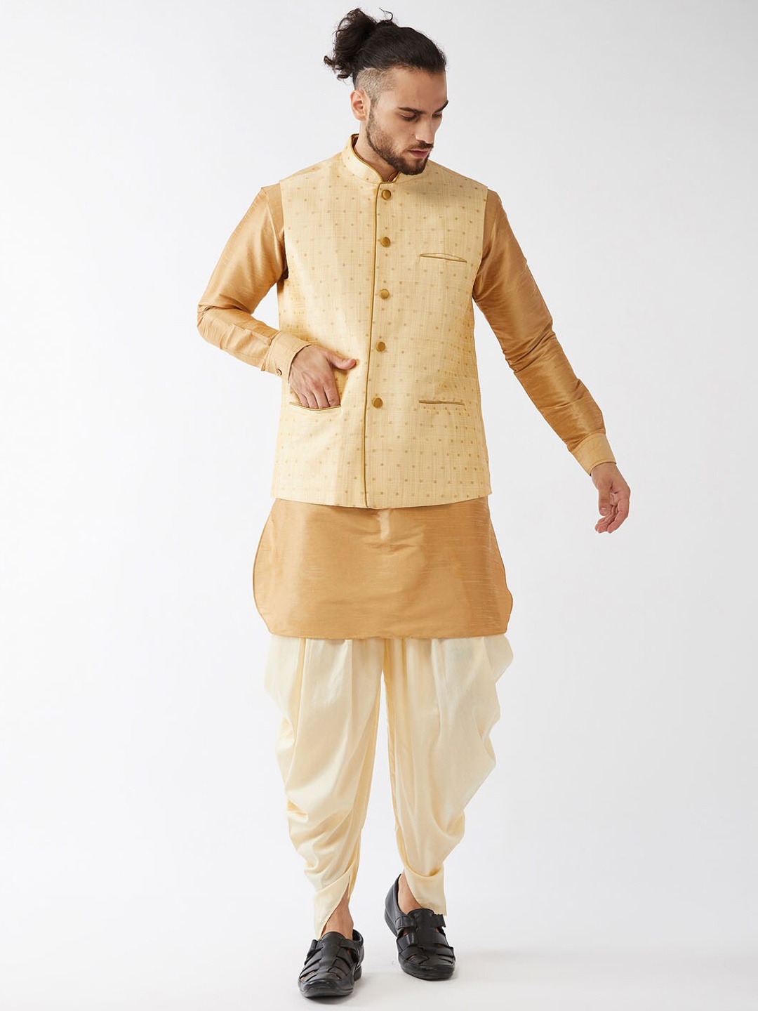 

VASTRAMAY Mandarin Collar Kurta with Dhoti Pants & Woven Design Nehru Jacket, Rose gold