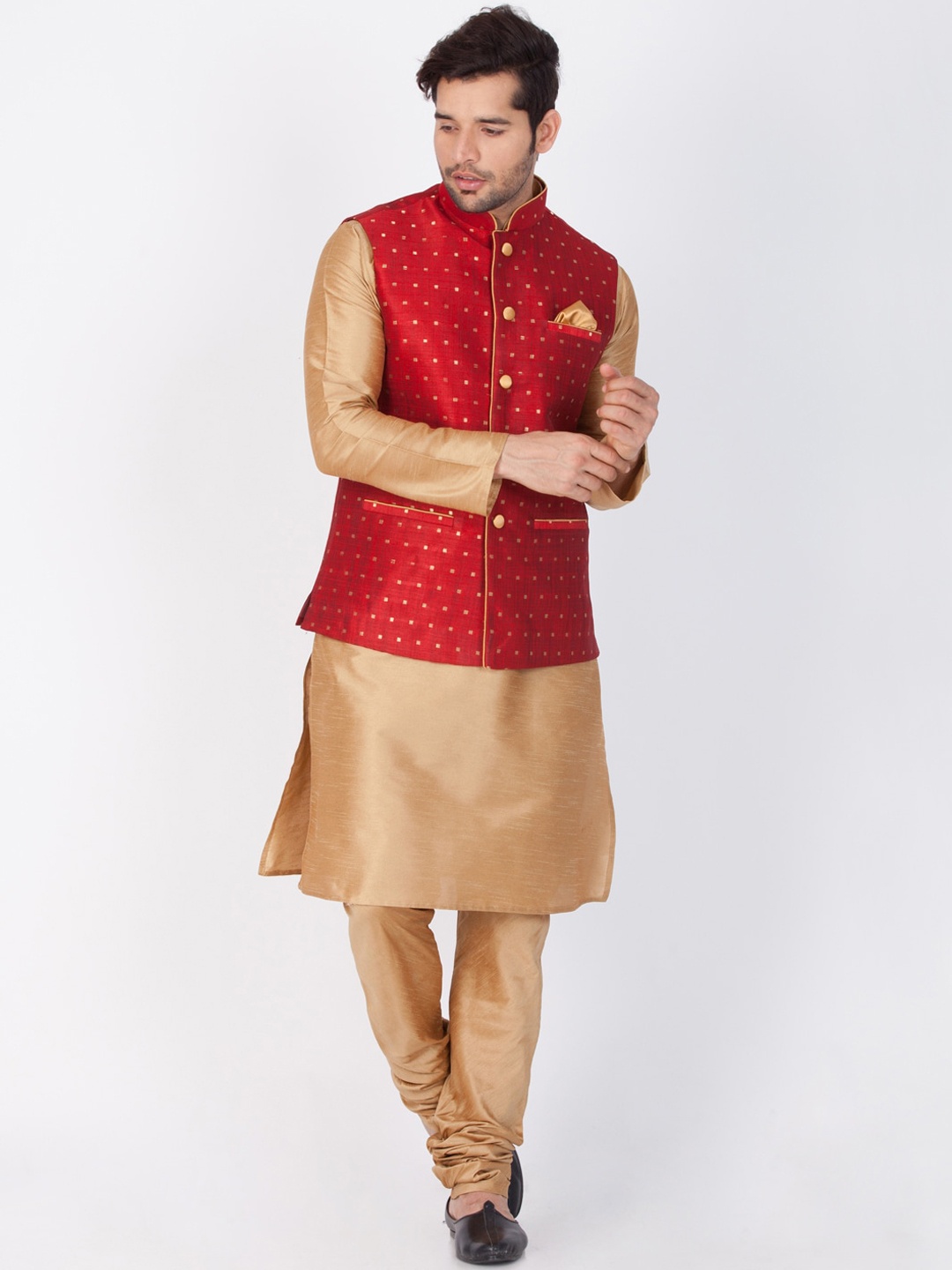 

VASTRAMAY Mandarin Collar Regular Kurta With Churidar & Nehru Jacket, Gold