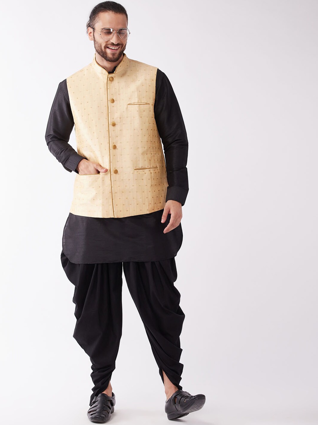 

VASTRAMAY Mandarin Collar Kurta with Dhoti Pants & Woven Design Nehru Jacket, Black