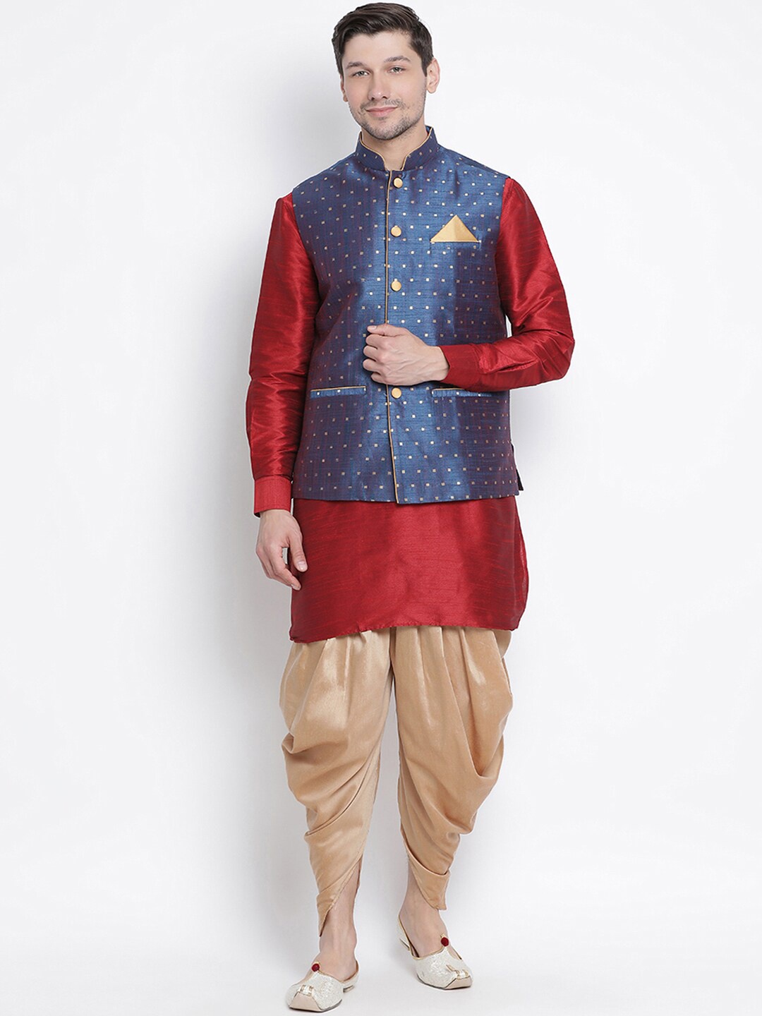 

VASTRAMAY Mandarin Collar Kurta with Dhoti Pants & Woven Design Nehru Jacket, Maroon